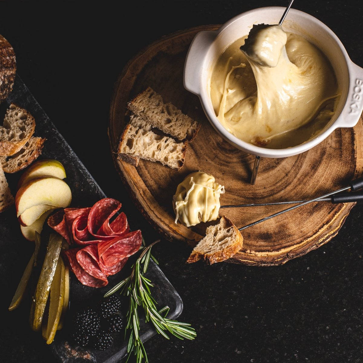 cheese fondue, white pot, rustic wooden board, SD Desktop Wallpaper