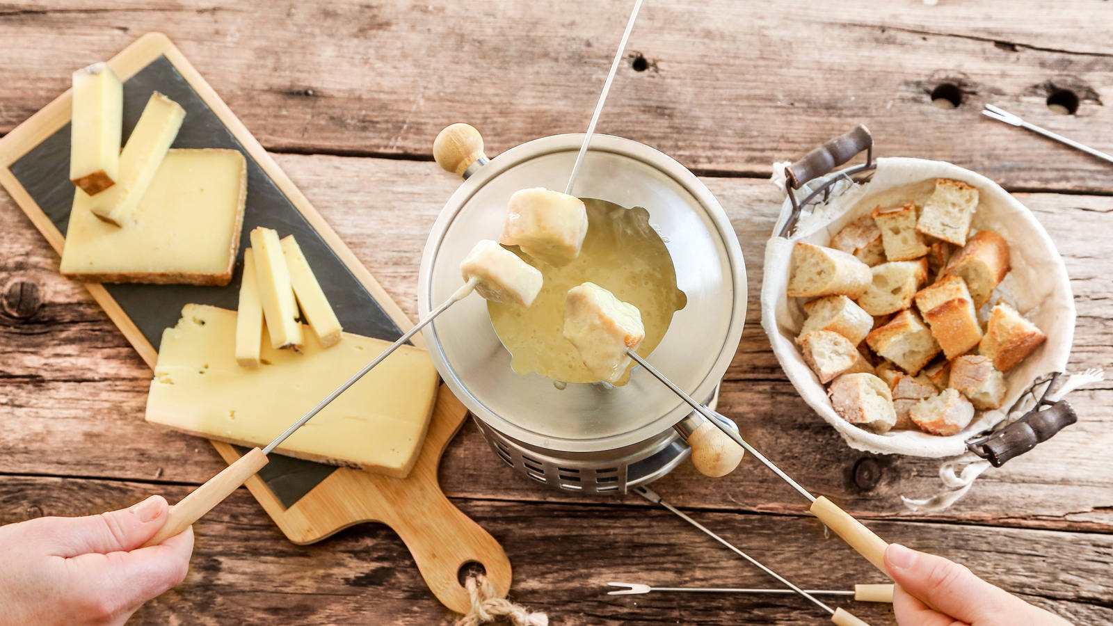 cheese fondue pot, bubbling cheese fondue, rustic wooden table, HD Desktop Wallpaper