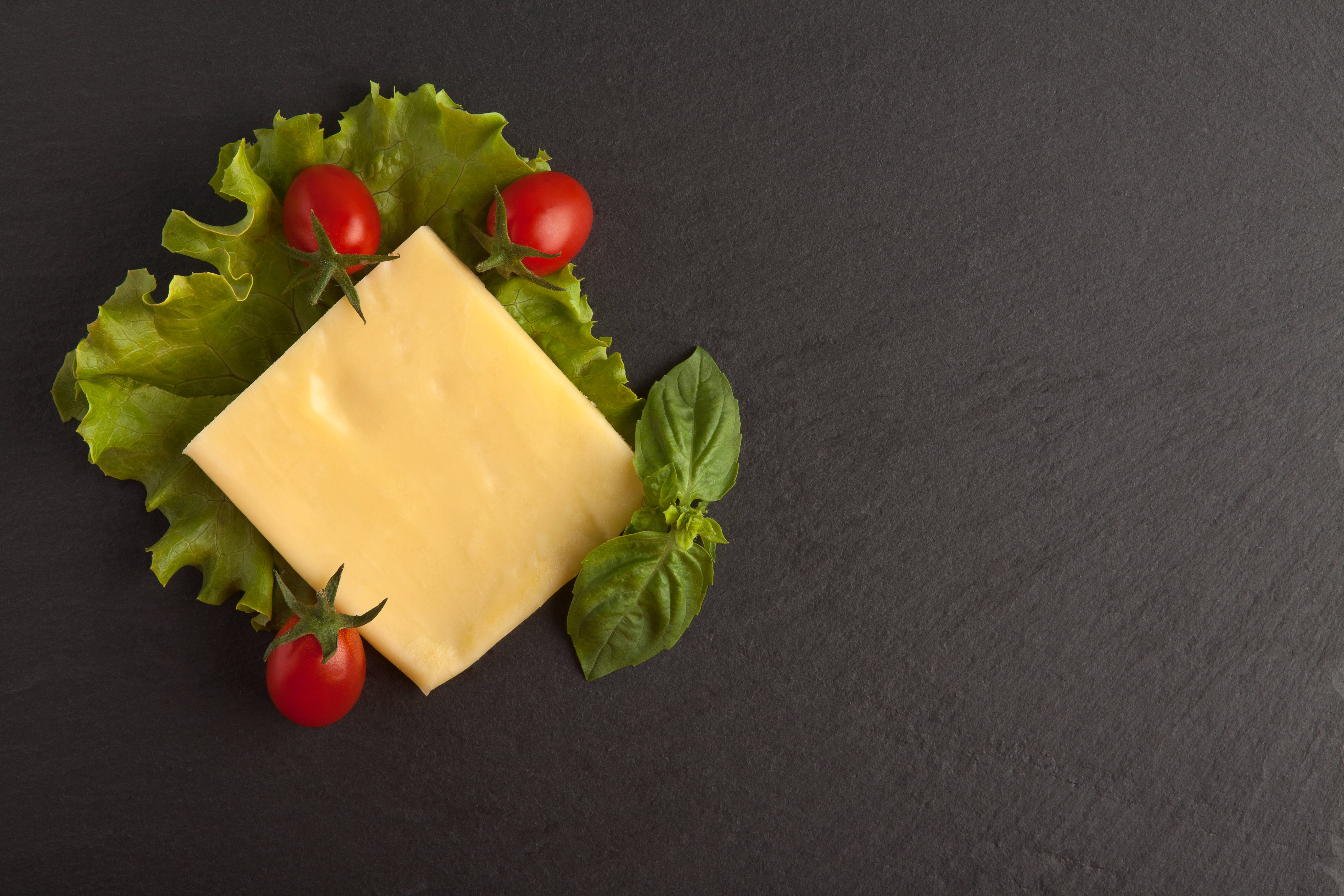 yellow cheese, green lettuce, cherry tomatoes, 5K Desktop Wallpaper