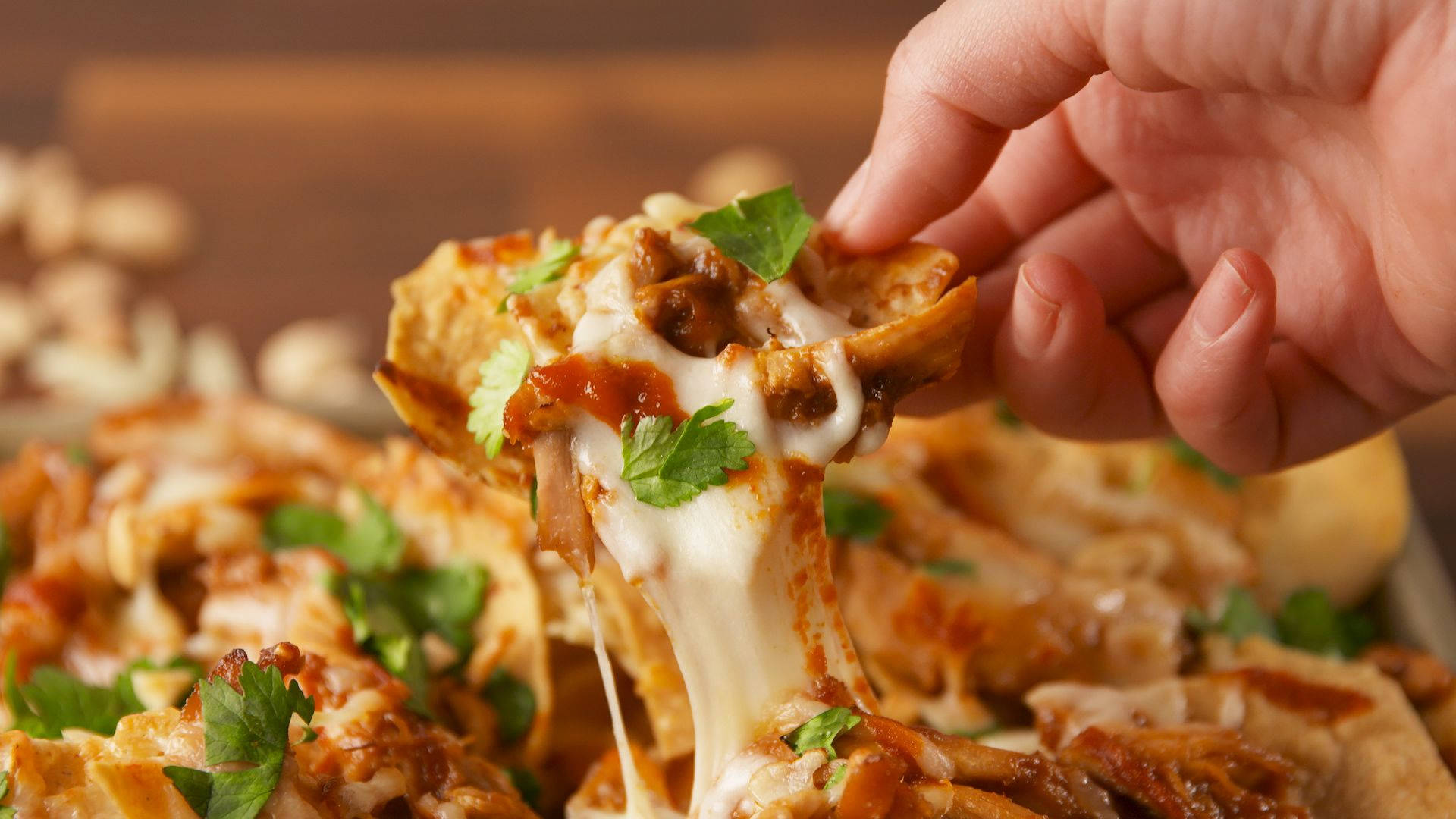 Cheesy Chicken Pad Thai Nacho, gooey melted cheese, fresh cilantro, Full HD Desktop Wallpaper