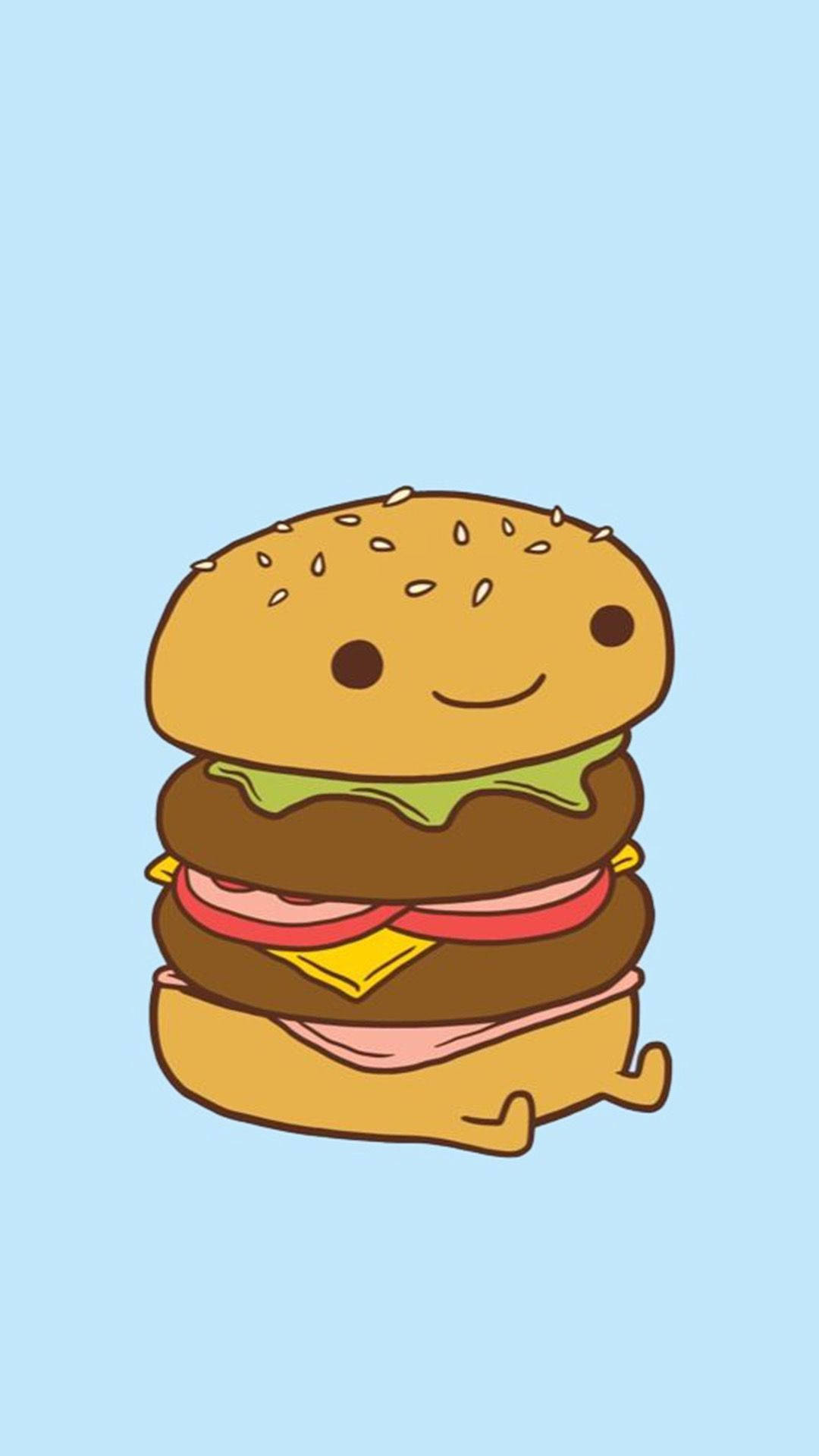 kawaii cheeseburger, cheerful cartoon hamburger, smiling face, Full HD Phone Wallpaper