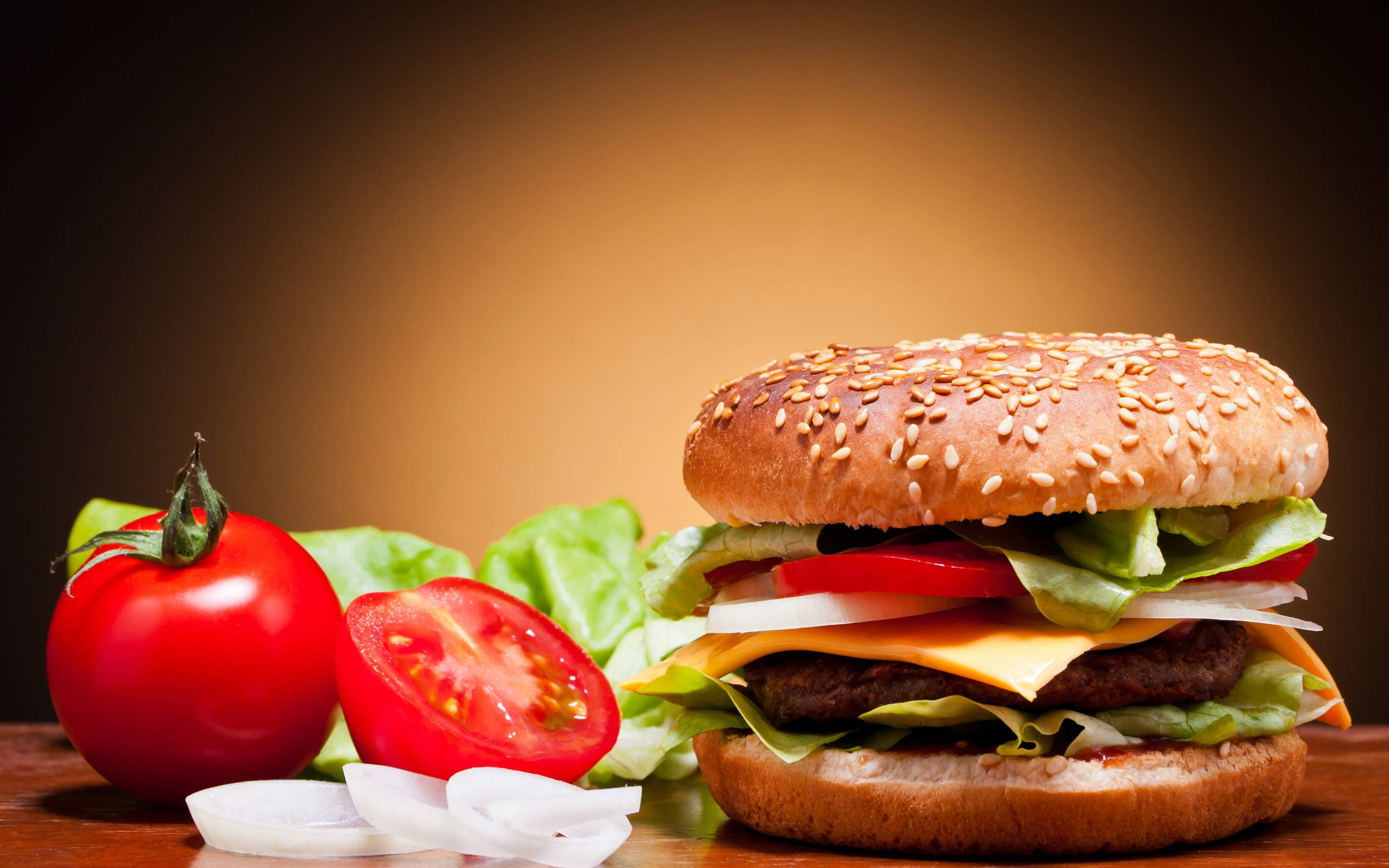 cheeseburger, sesame seed burger, tomatoes, 2K Desktop Wallpaper