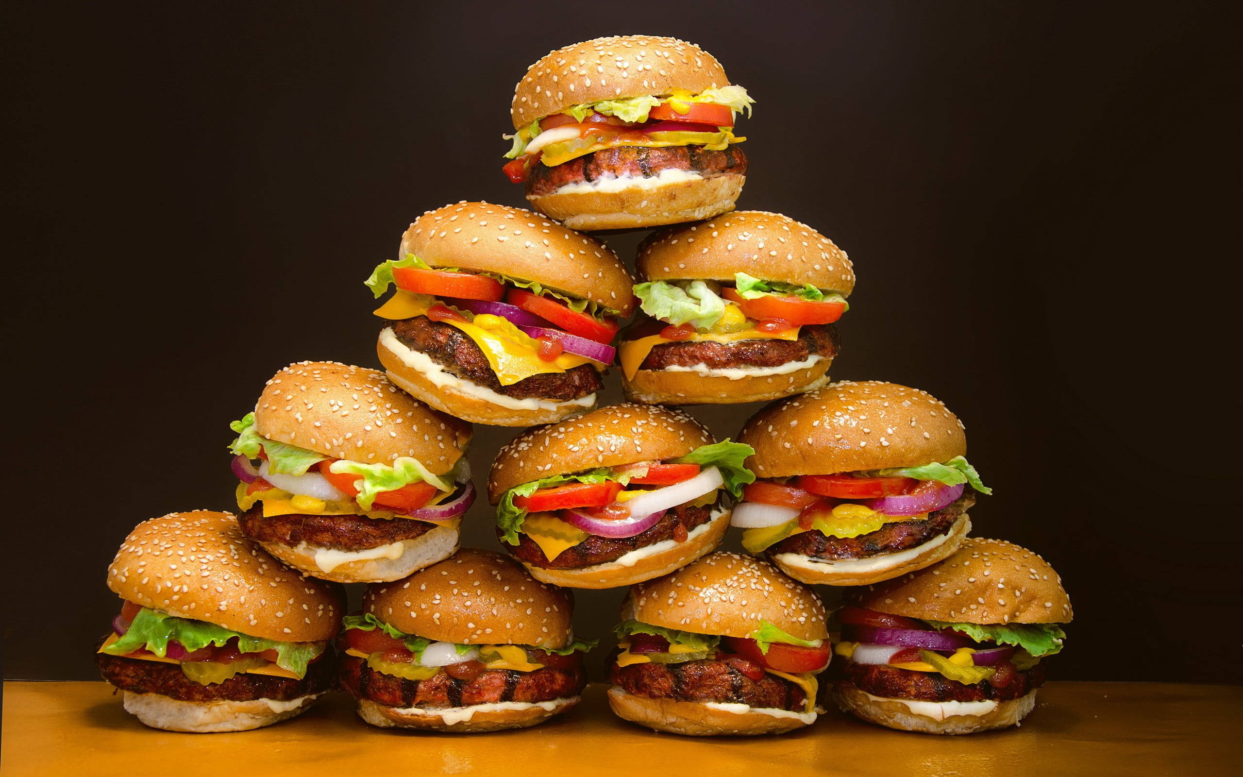 pyramid of cheeseburgers, juicy cheeseburgers, sesame buns, 2K Desktop Wallpaper