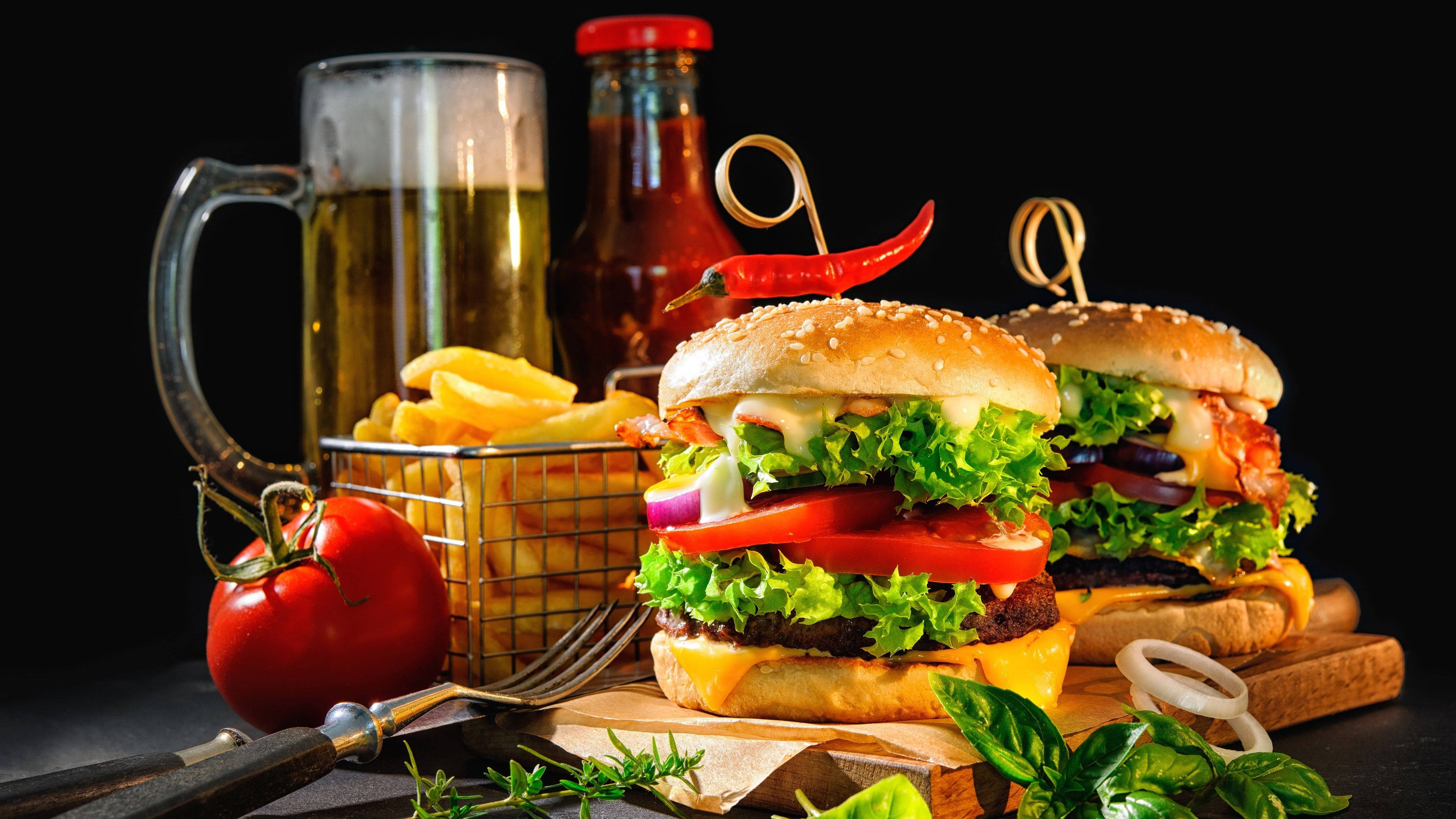 cheeseburger, beer fries, tomato, 4K Desktop Wallpaper