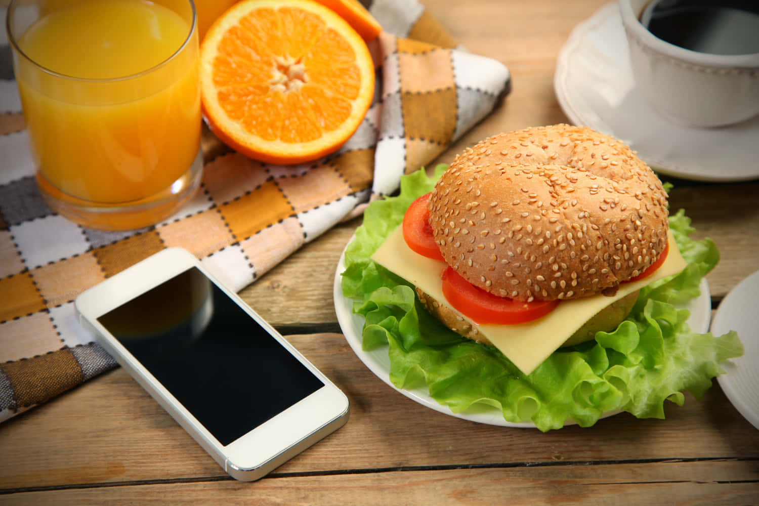 orange juice, cheeseburger, sesame burger, HD Desktop Wallpaper