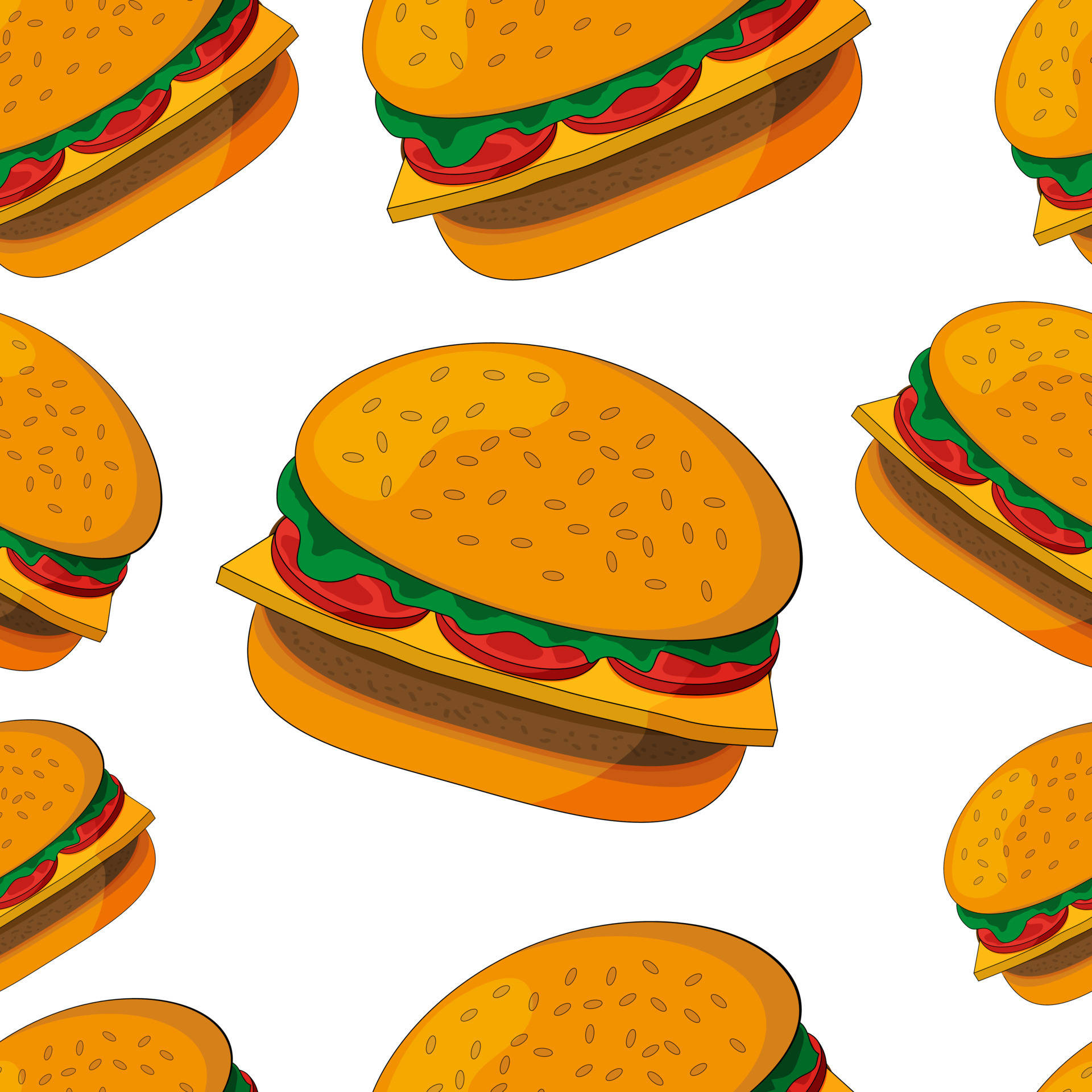 cartoon-style cheeseburgers, sesame buns, tomato, Full HD Desktop Wallpaper