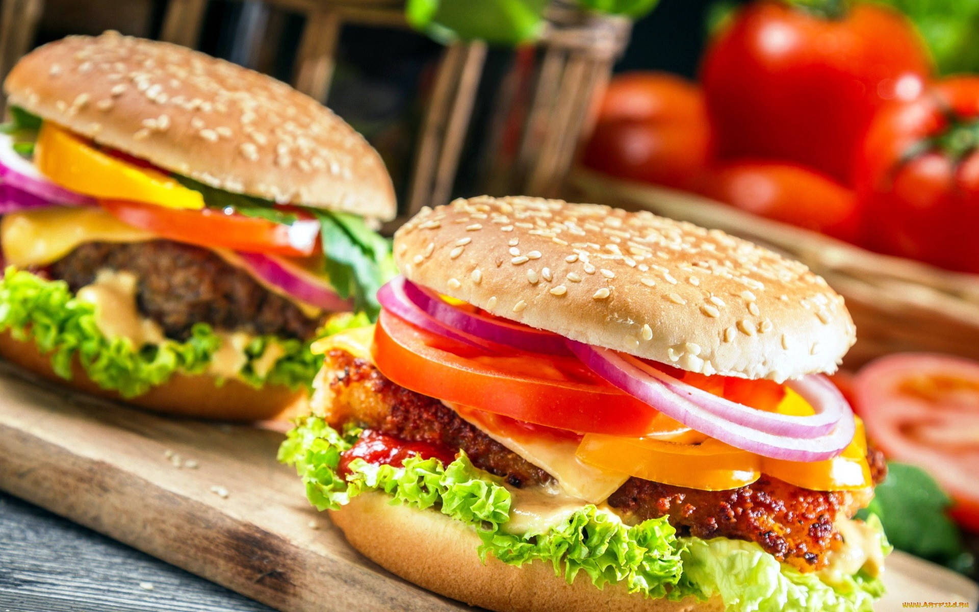 Cheeseburger, wooden board, fresh tomatoes, Full HD Desktop Wallpaper