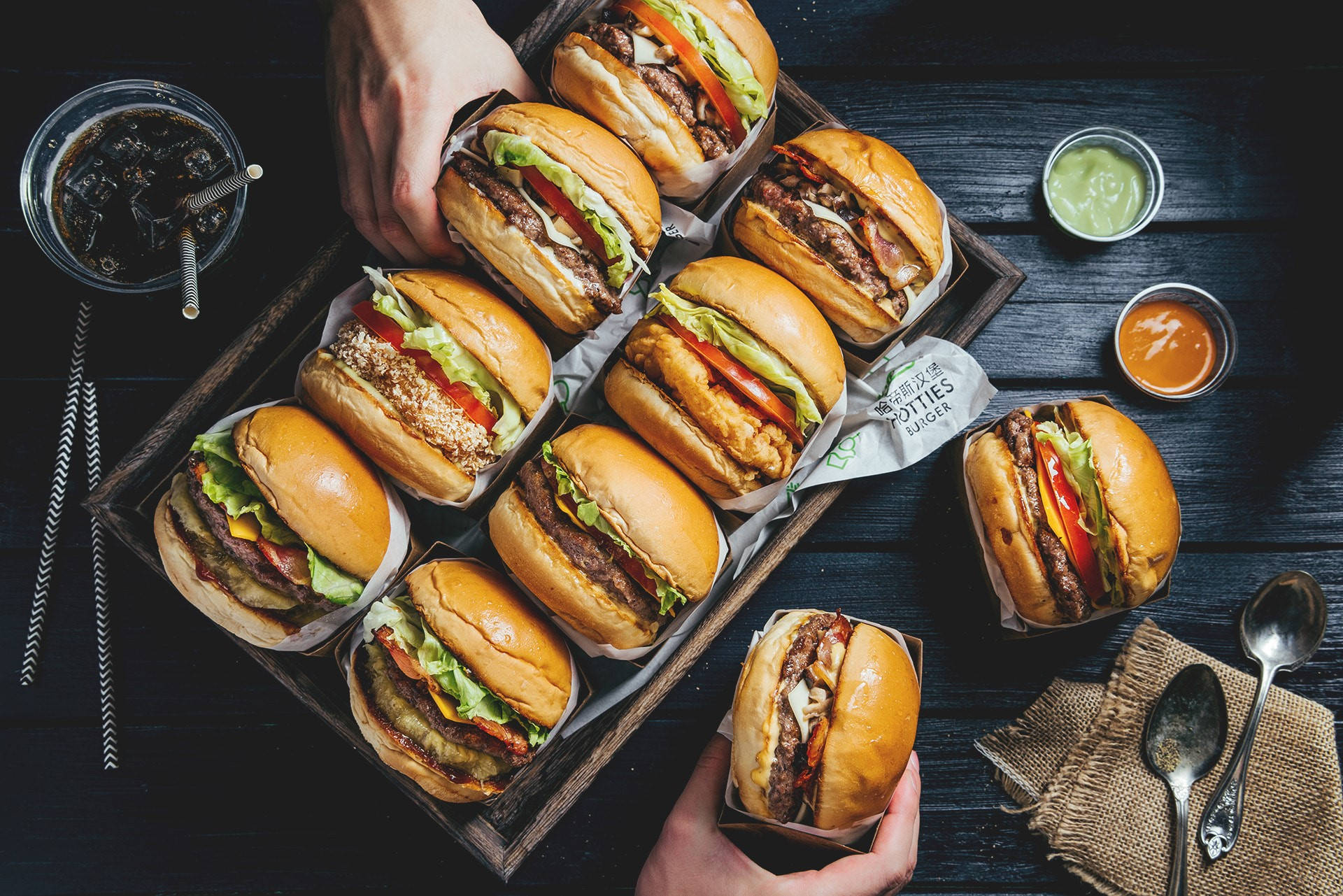 Cheeseburgers, dark wooden tray, condiments, Full HD Desktop Wallpaper