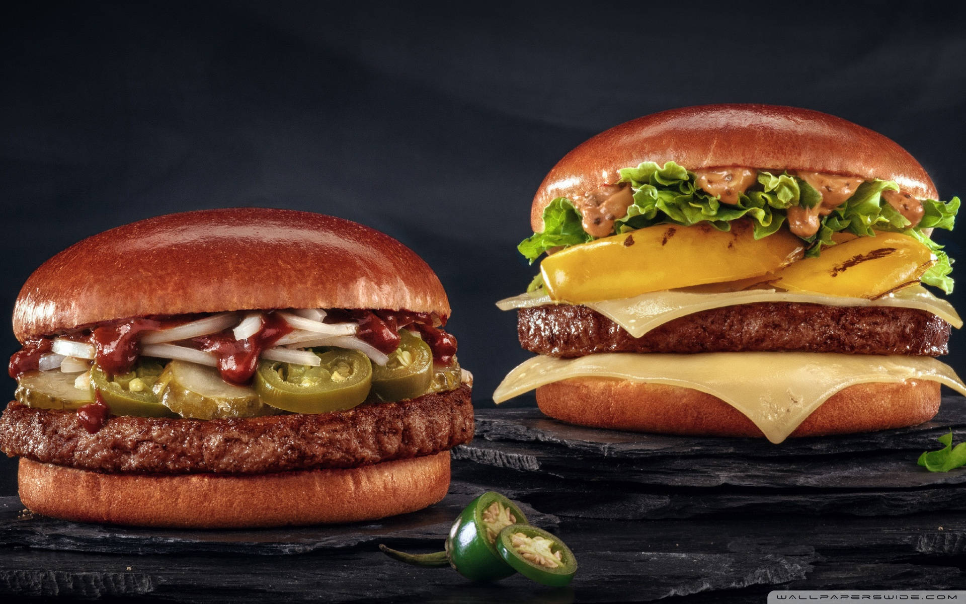 grilled cheeseburger, melted cheese, jalapeños, Full HD Desktop Wallpaper