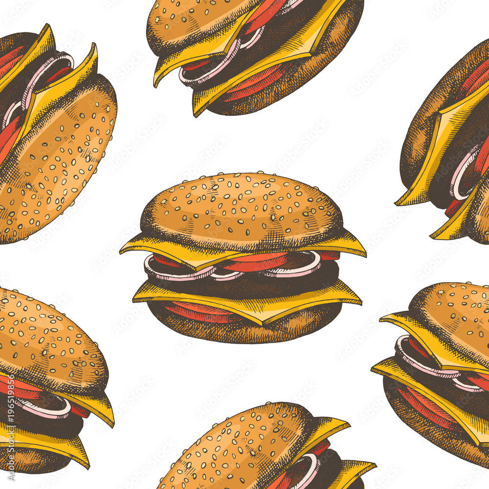 Cheeseburger, seamless pattern, vintage-style, SD Desktop Wallpaper