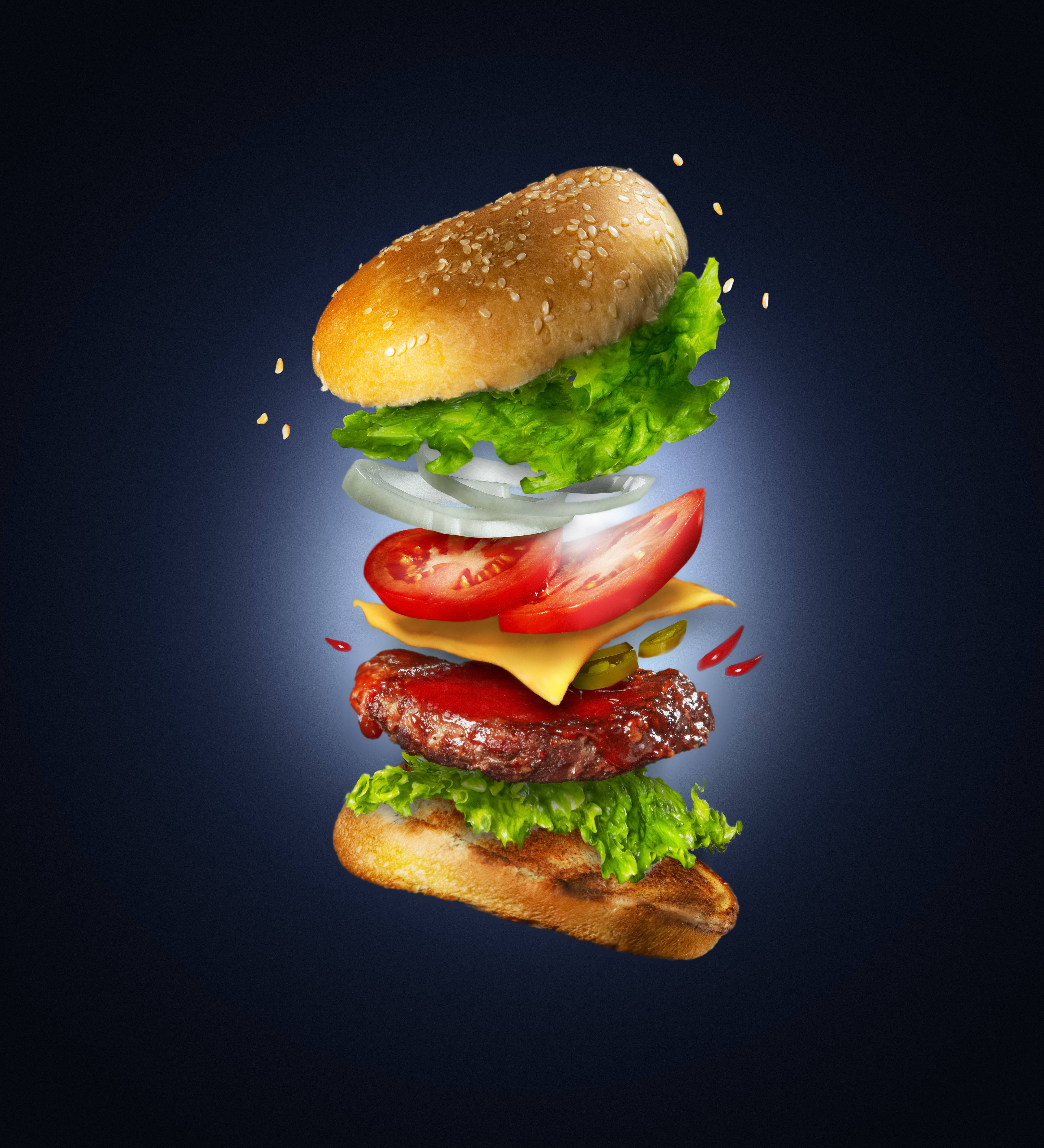 floating cheeseburger, dark blue gradient background, layers separated, 4K Phone Wallpaper