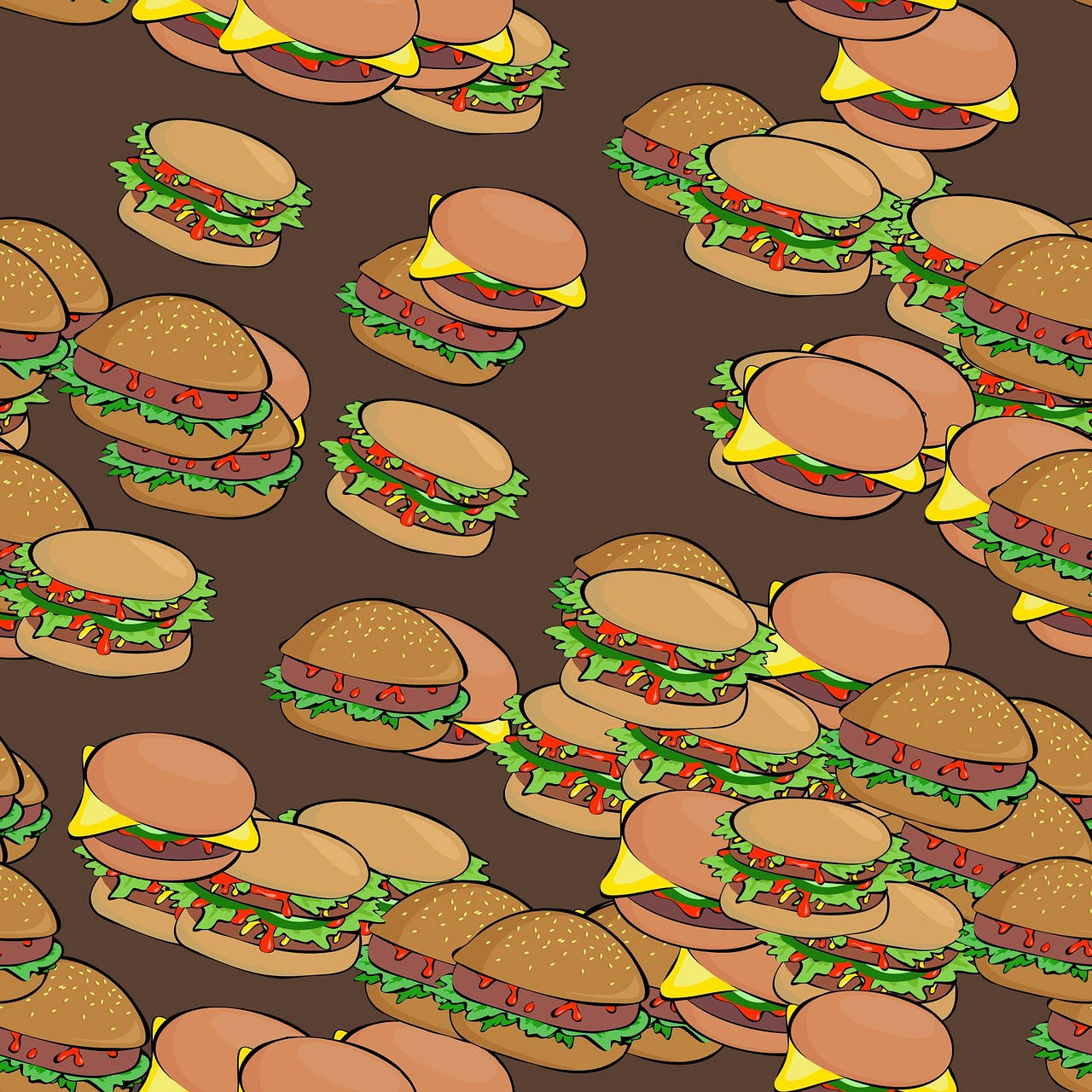 cartoon-style cheeseburgers, dripping sauce, brown background, HD Desktop Wallpaper