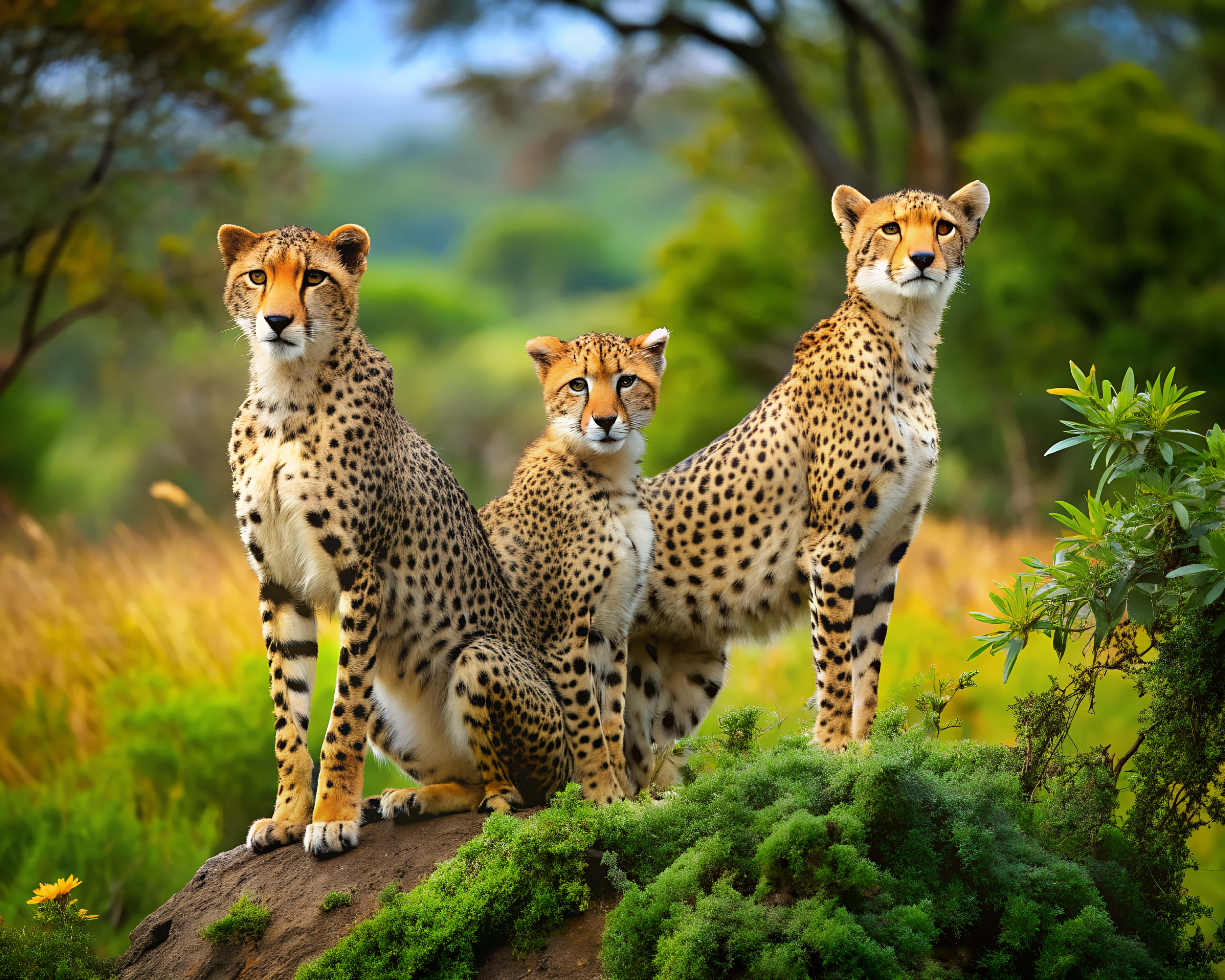 cheetahs, spotted coats, mossy rock, 4K Desktop Wallpaper