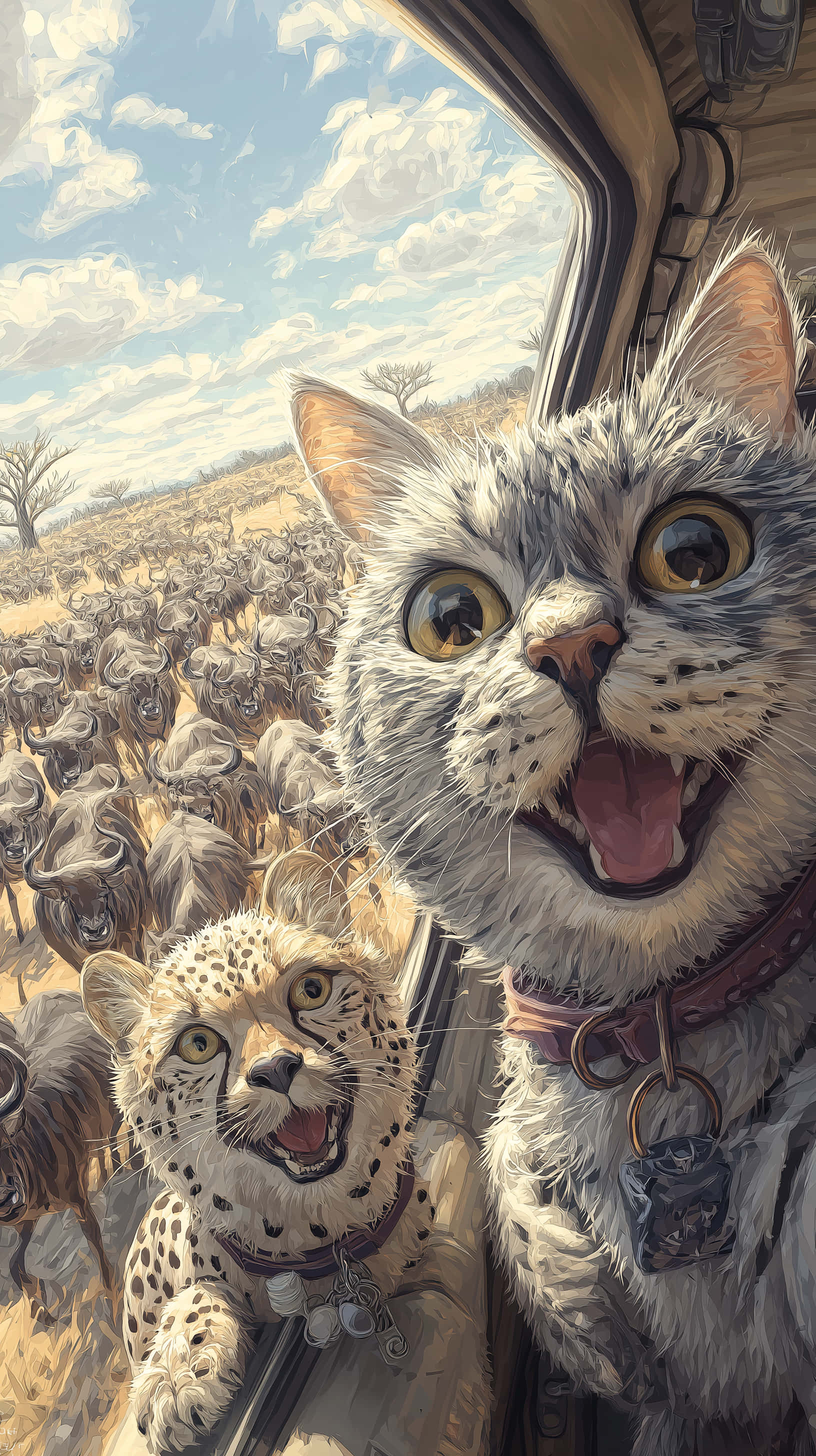 tabby cat, cheetah, safari vehicle, 2K Phone Wallpaper