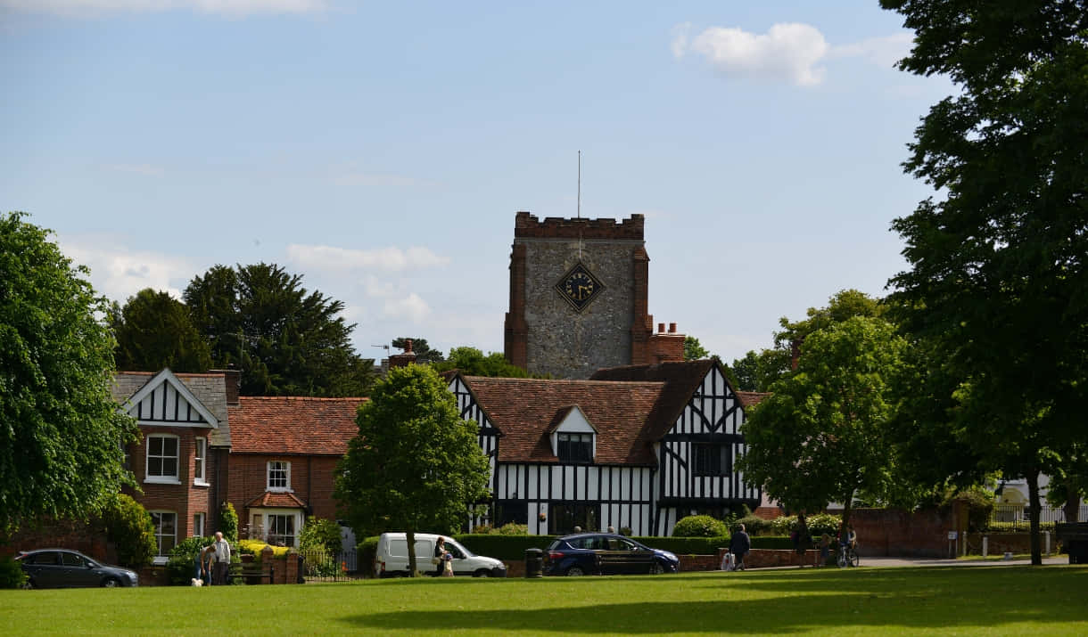 Chelmsford United Kingdom, half-timbered building, stone clock tower, SD Desktop Wallpaper