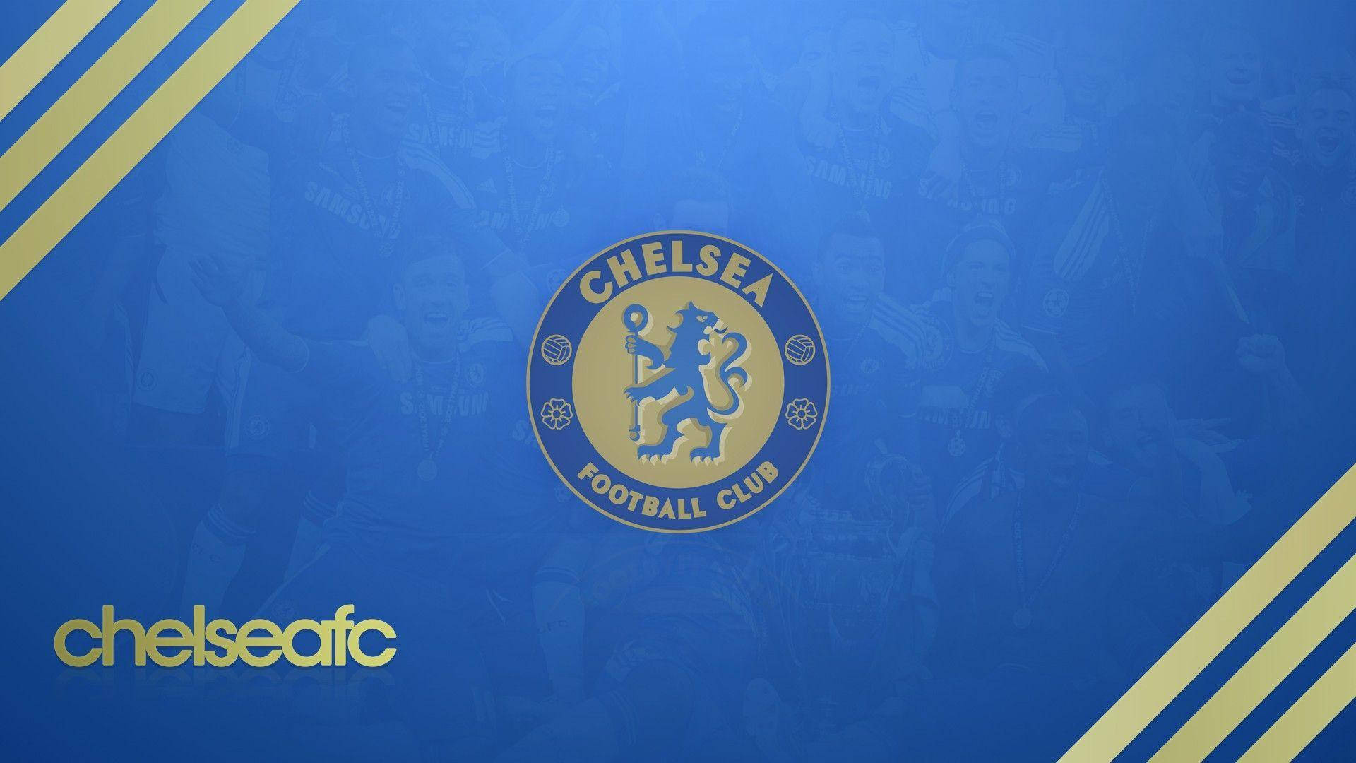 Chelsea FC Logo, royal blue background, gold diagonal stripes, Full HD Desktop Wallpaper