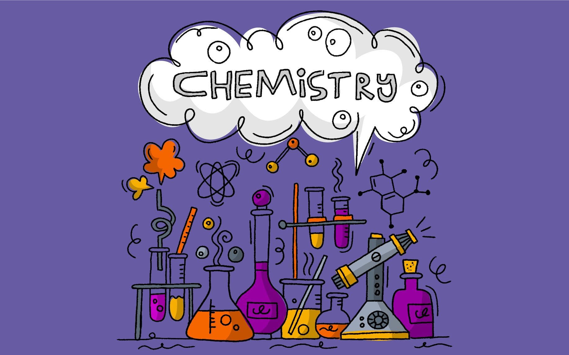 Creative Cloud Violet Chemistry, purple background, colorful chemistry lab equipment, HD Desktop Wallpaper