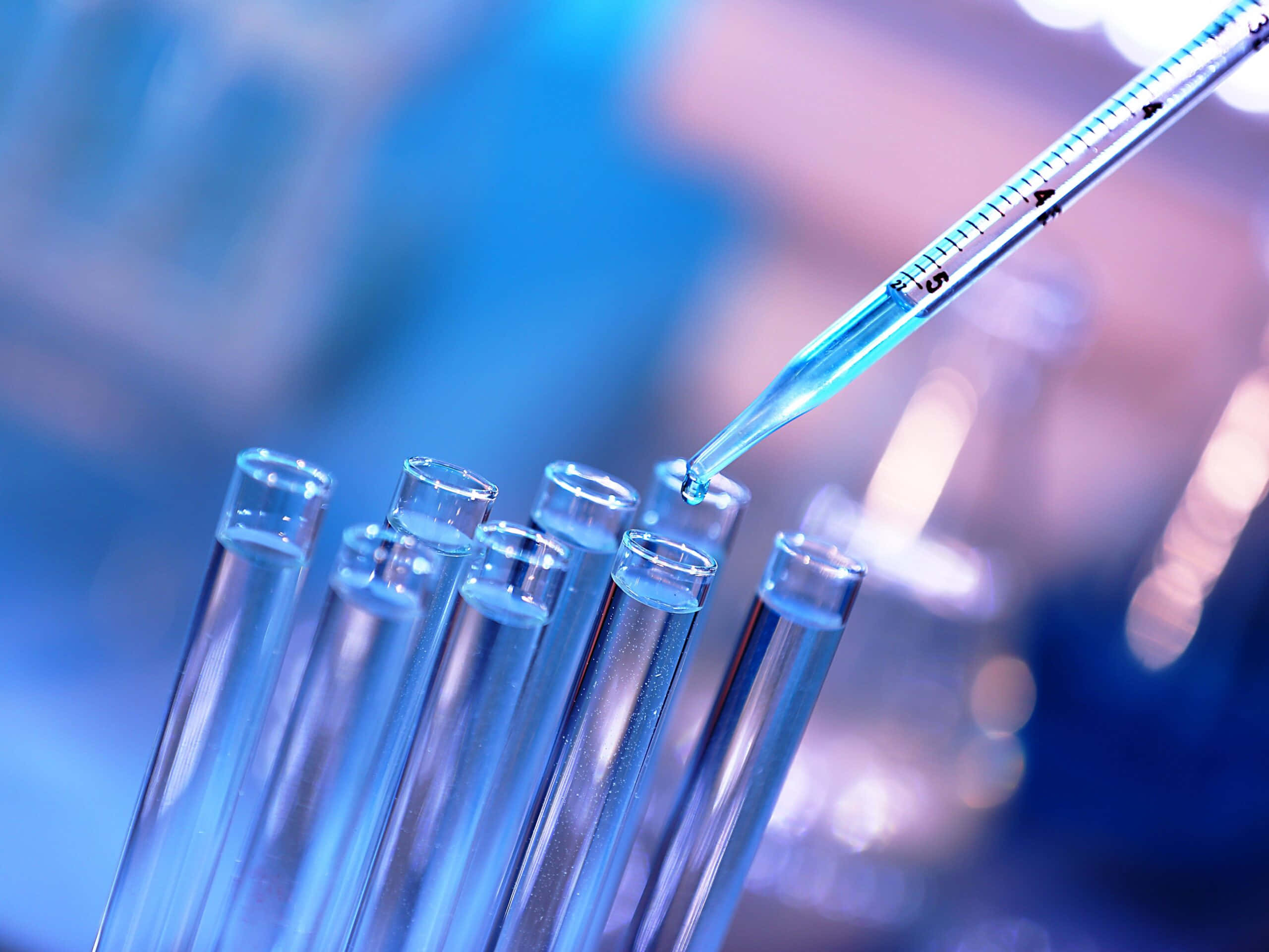 laboratory, thin glass pipette, blue liquid, 2K Desktop Wallpaper
