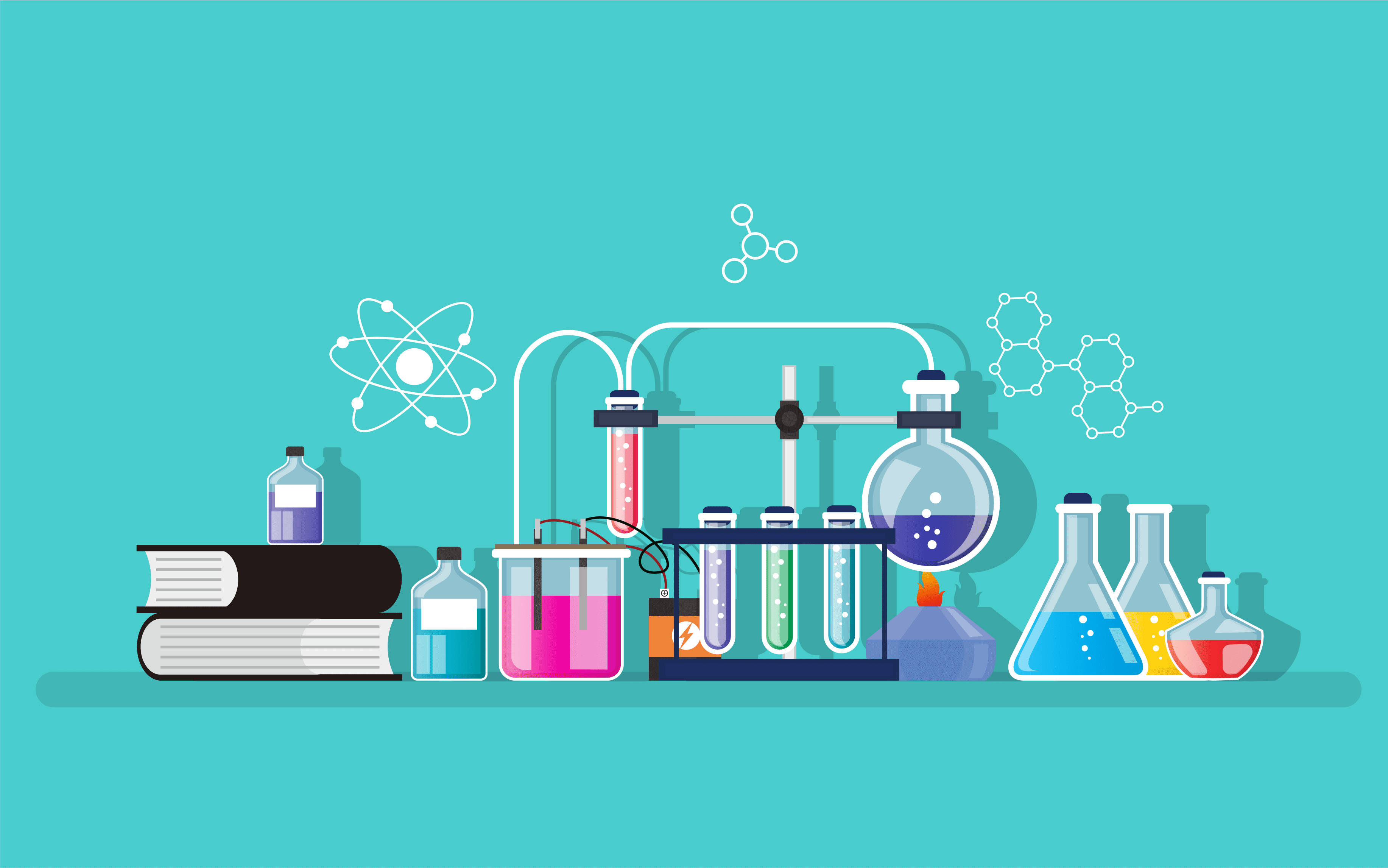 minimalistic, cyan, chemistry lab, 2K Desktop Wallpaper