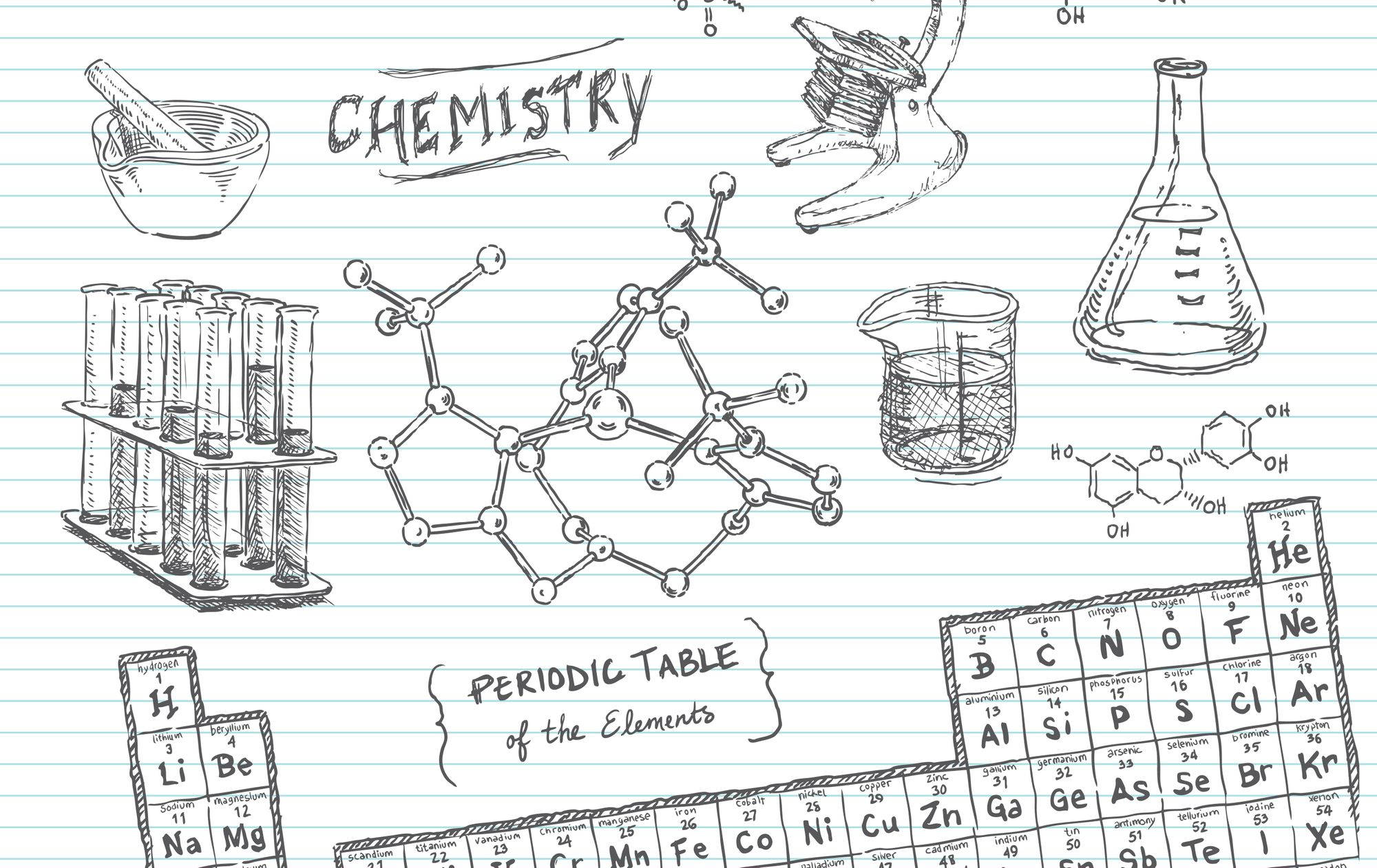 periodic table, hand-drawn, lined notebook paper, Full HD Desktop Wallpaper