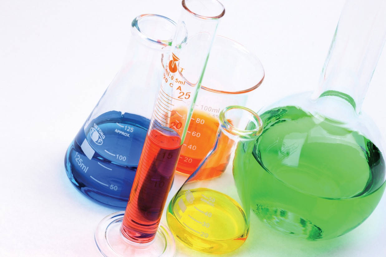 colorful chemistry, chemical solutions, glass lab flasks, SD Desktop Wallpaper