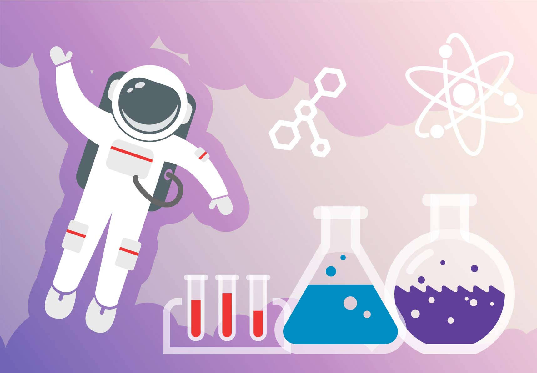purple chemistry space astronaut, lab equipment, molecular and atomic symbols, HD Desktop Wallpaper