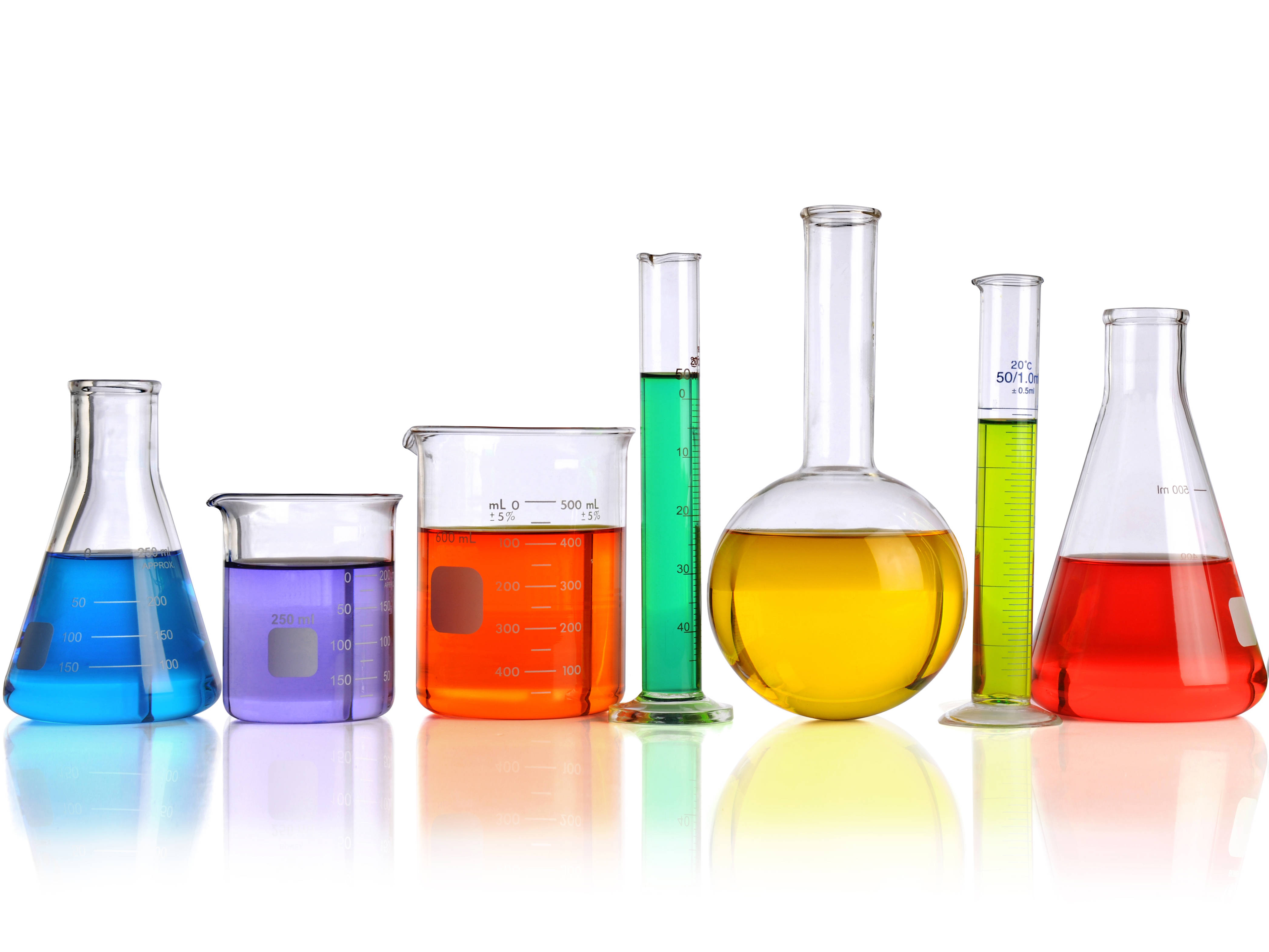 Chemistry, colored solution, glass lab flasks, 4K Desktop Wallpaper