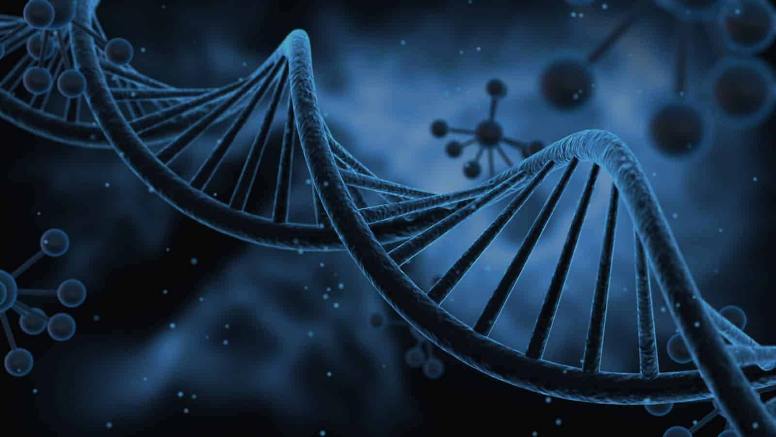DNA double helix, glowing blue, misty cosmic background, HD Desktop Wallpaper