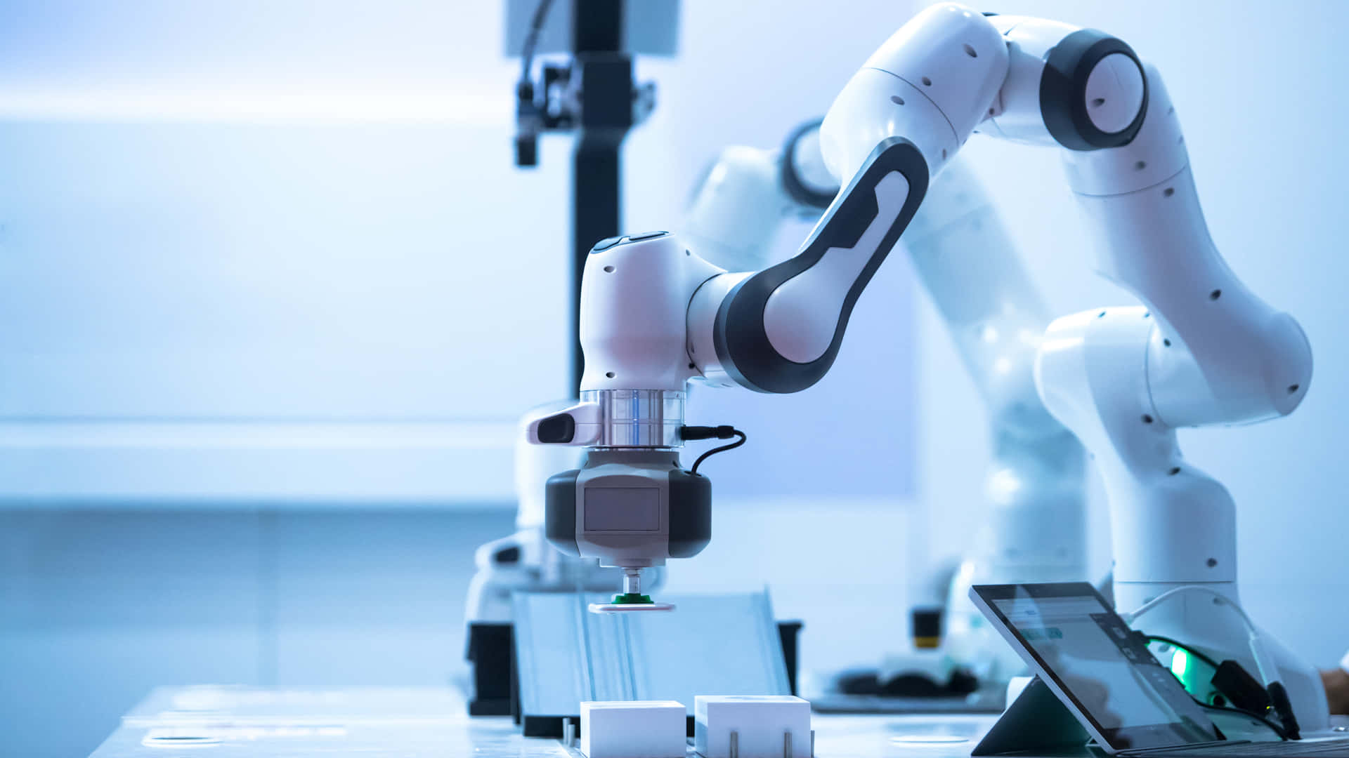 laboratory robot hand, white robotic arm, black joints, Full HD Desktop Wallpaper