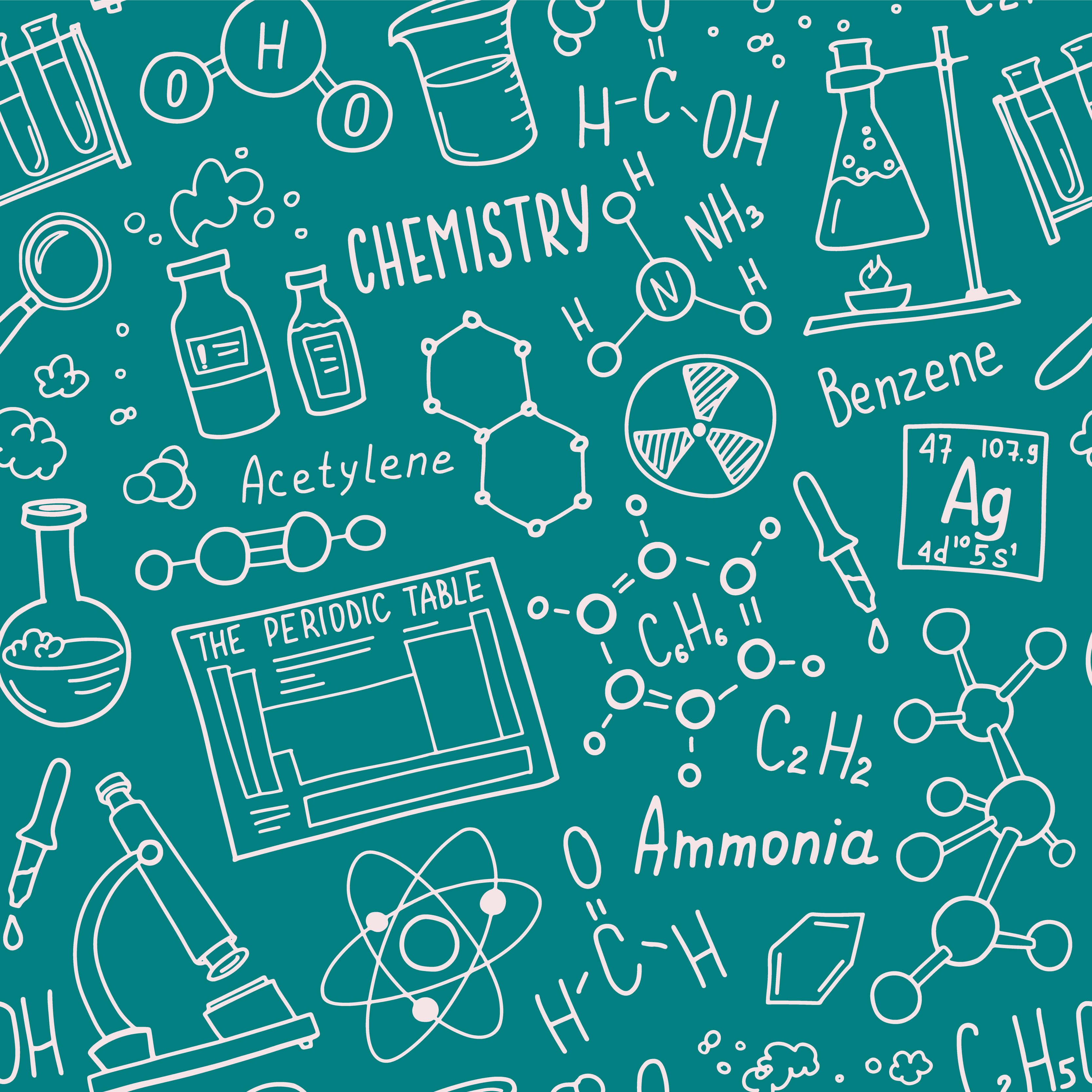 teal background, white line drawings, chemistry equipment, 2K Desktop Wallpaper
