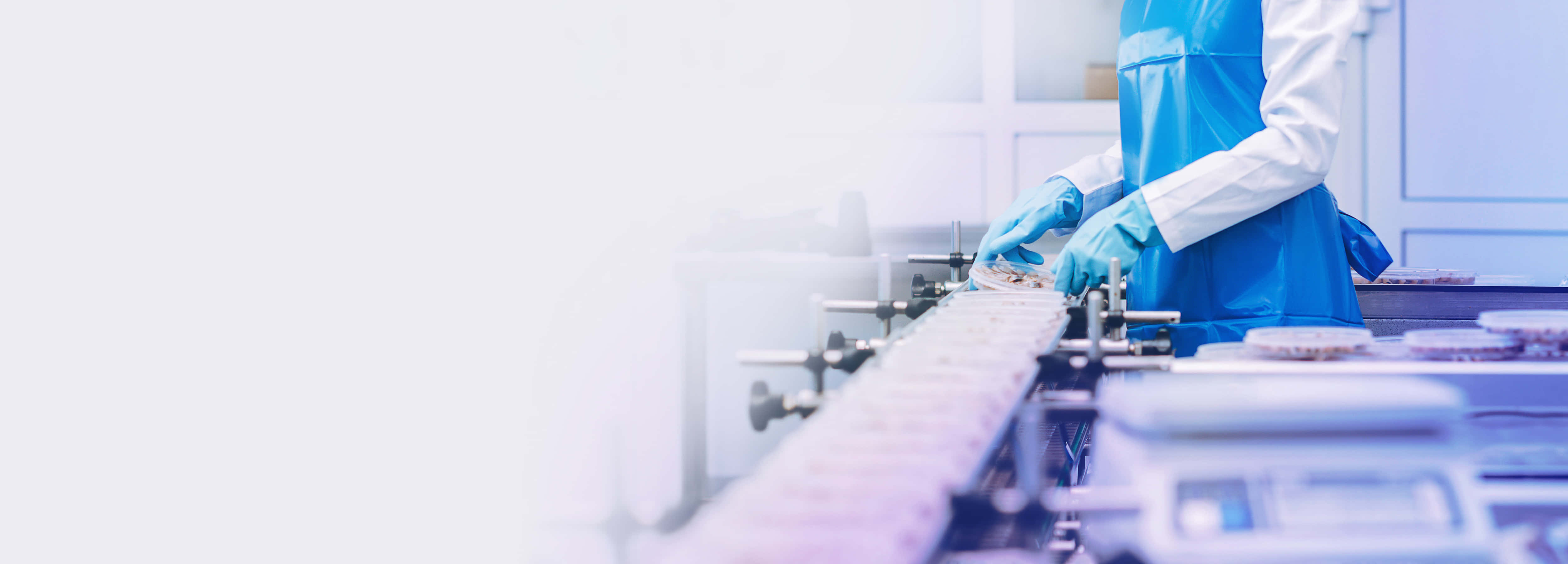 laboratory conveyor belt, blue protective gear, cool clinical lighting, 4K Desktop Wallpaper