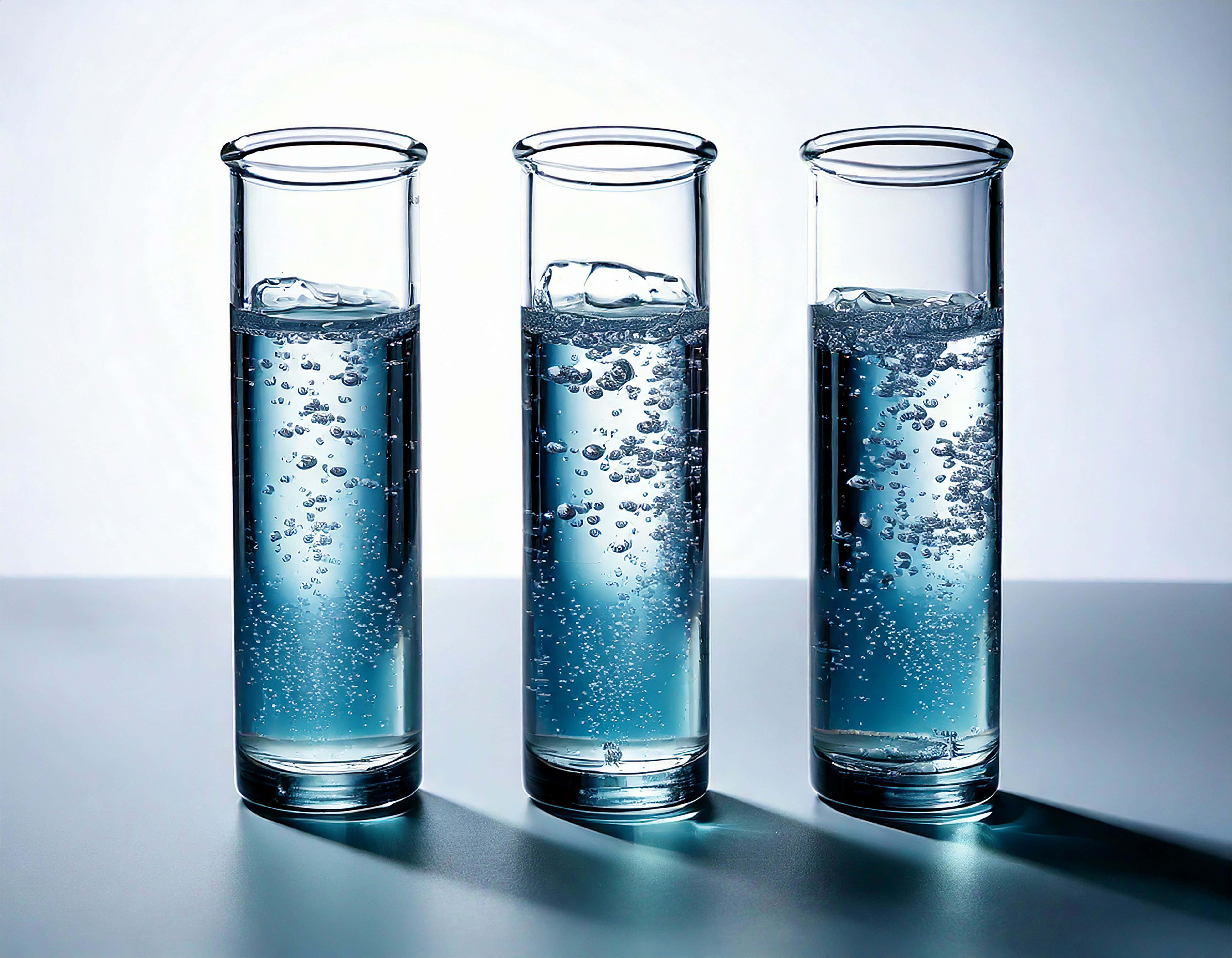 test tubes, clear glass cylinders, blue water, 5K Desktop Wallpaper