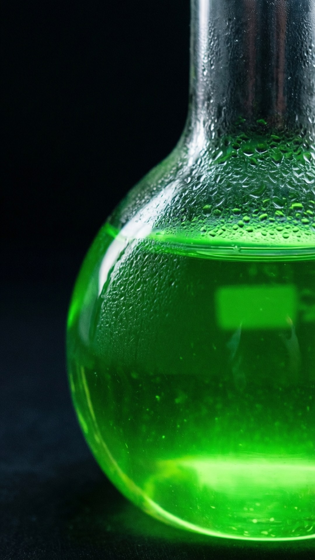 glowing green liquid, glass flask, black background, Full HD Phone Wallpaper