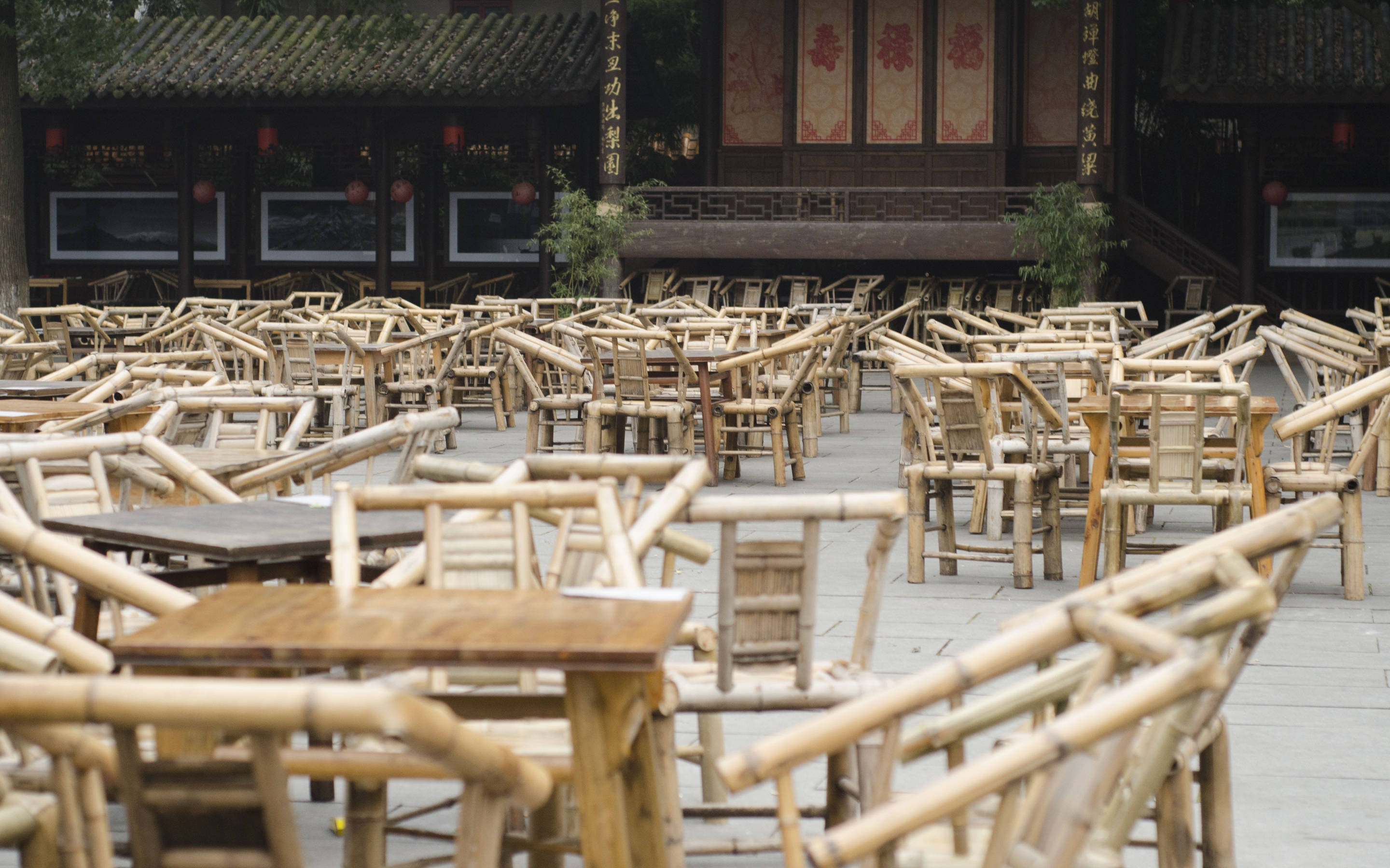 Chengdu, tea house, bamboo chairs, 2K Desktop Wallpaper