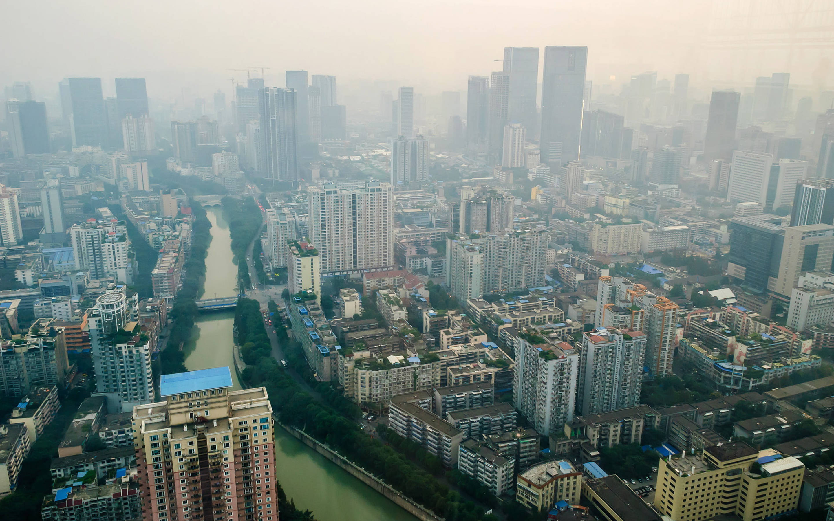 Chengdu, aerial view, dense urban cityscape, 2K Desktop Wallpaper
