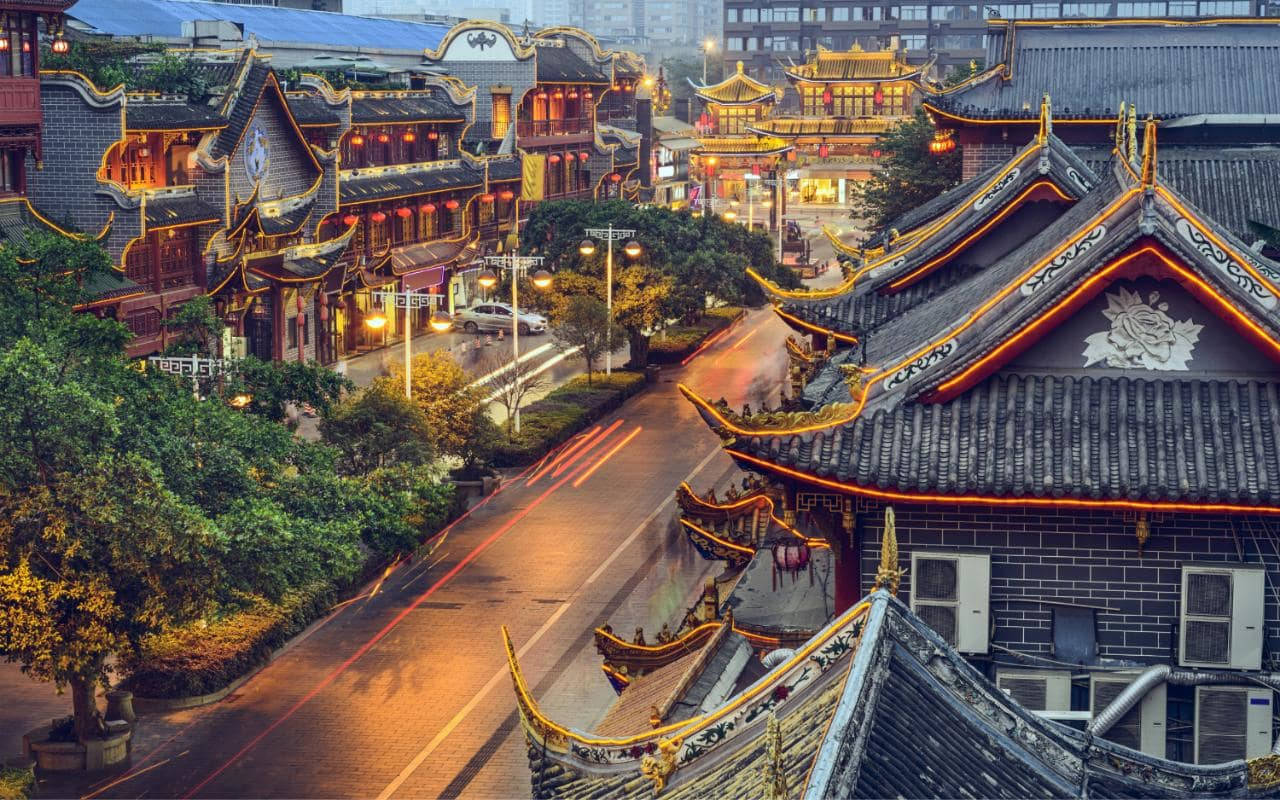 Chengdu, traditional Chinese architecture, golden lights, HD Desktop Wallpaper