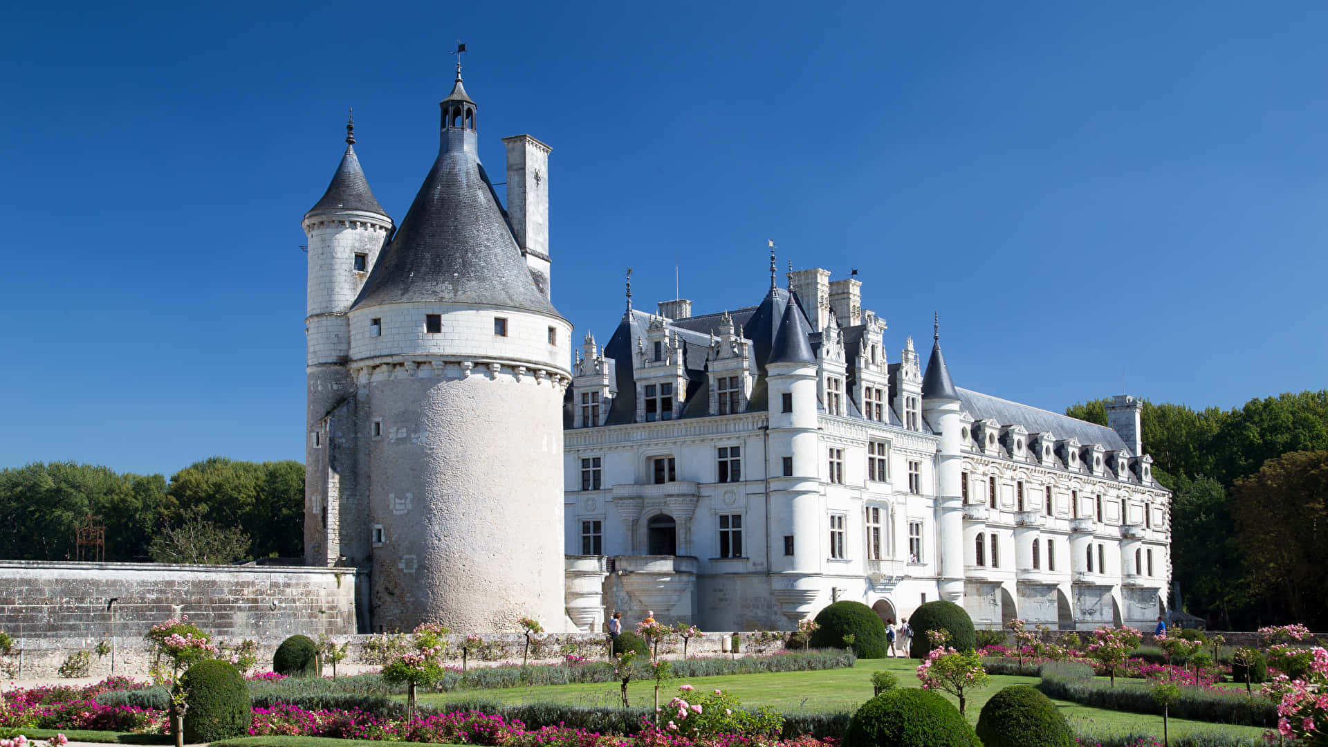 Chenonceau, garden grounds, white French chateau, Full HD Desktop Wallpaper