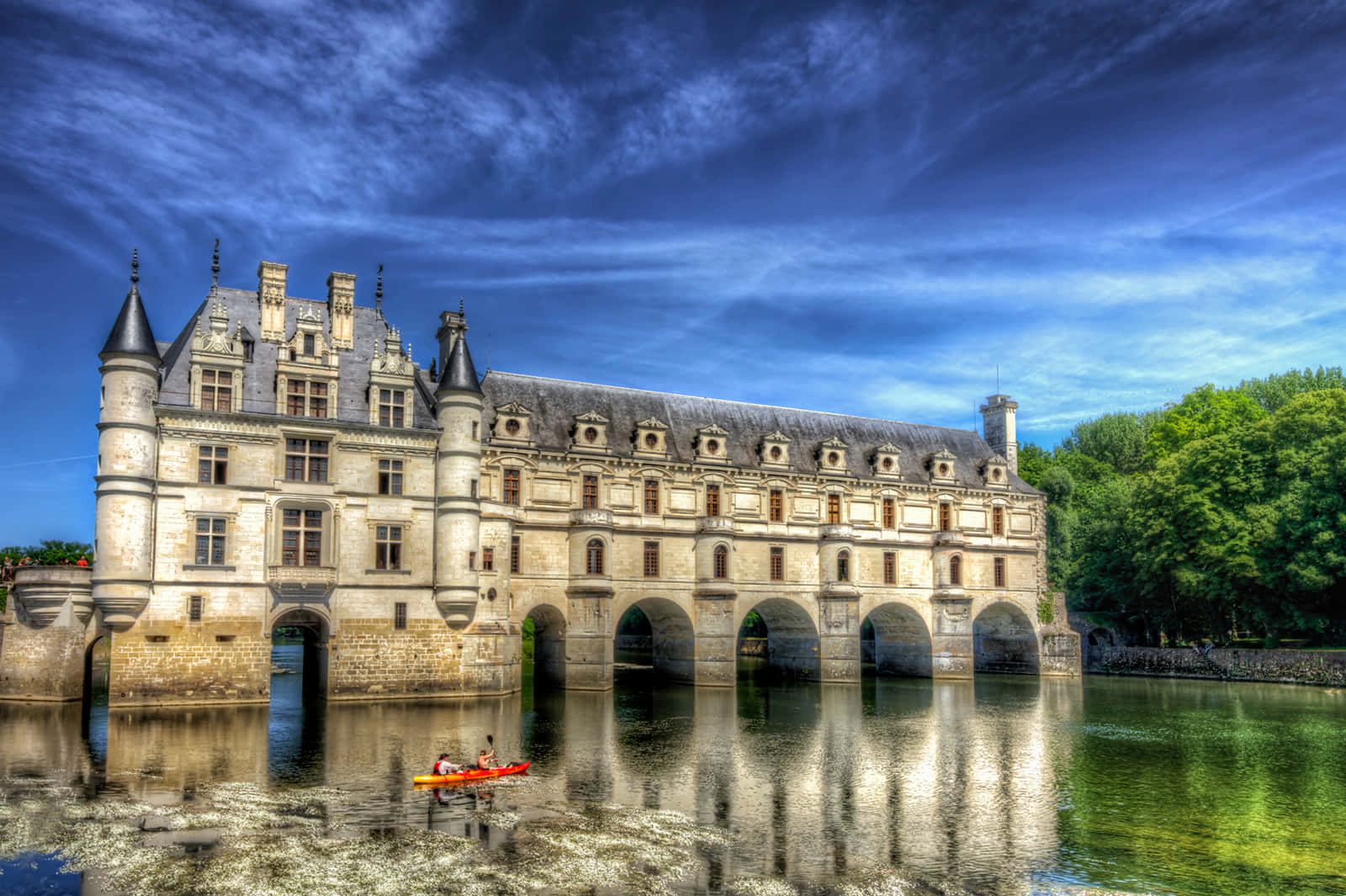 Chenonceau, canoe, stone castle, HD Desktop Wallpaper