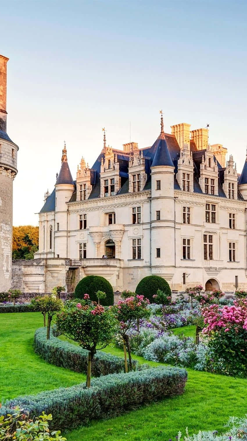 Chenonceau, blue roofs, stone towers, HD Phone Wallpaper