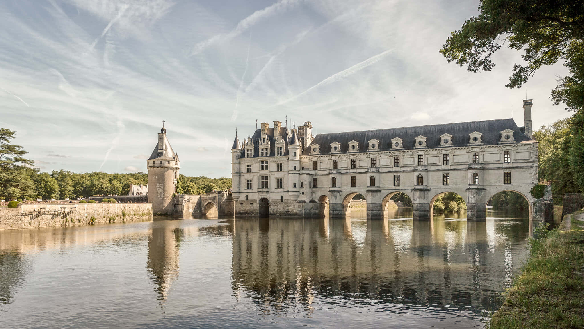 Chenonceau, streaked sky, arched bridges, Full HD Desktop Wallpaper