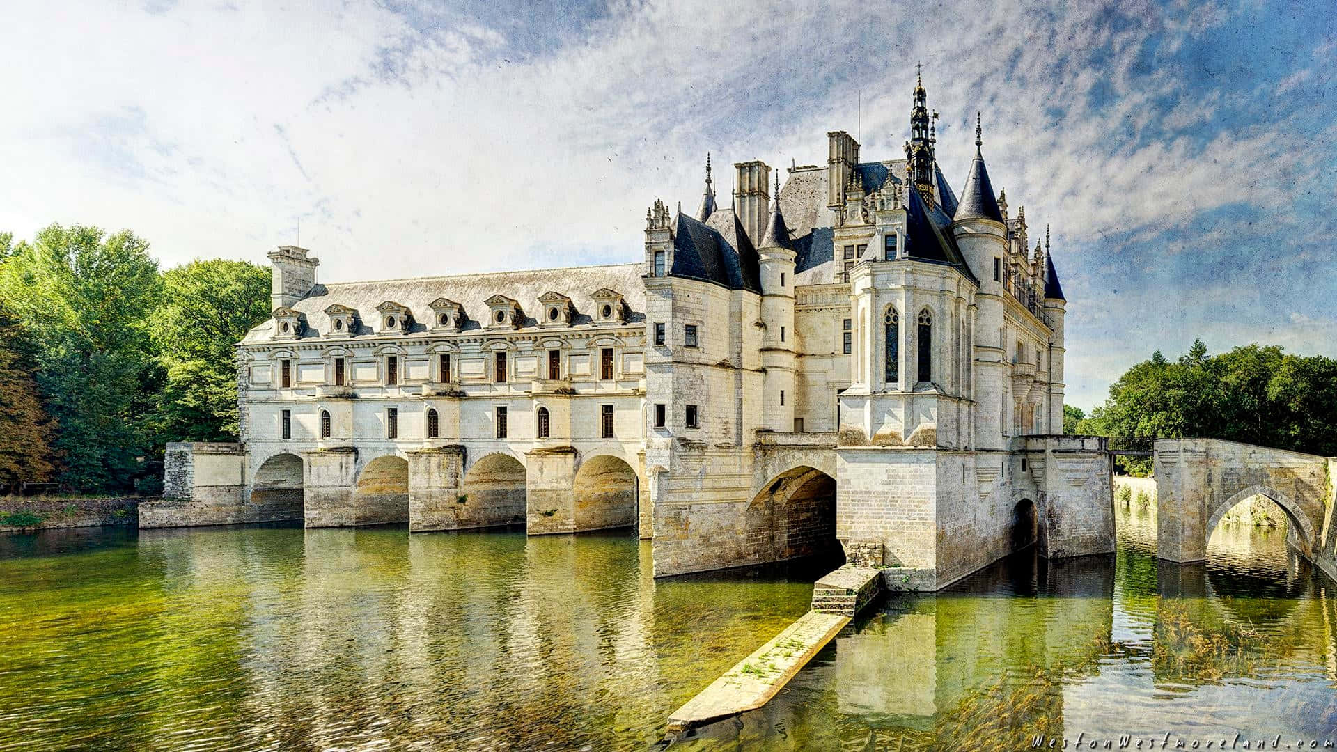 Chenonceau, mossy water, stone castle, Full HD Desktop Wallpaper