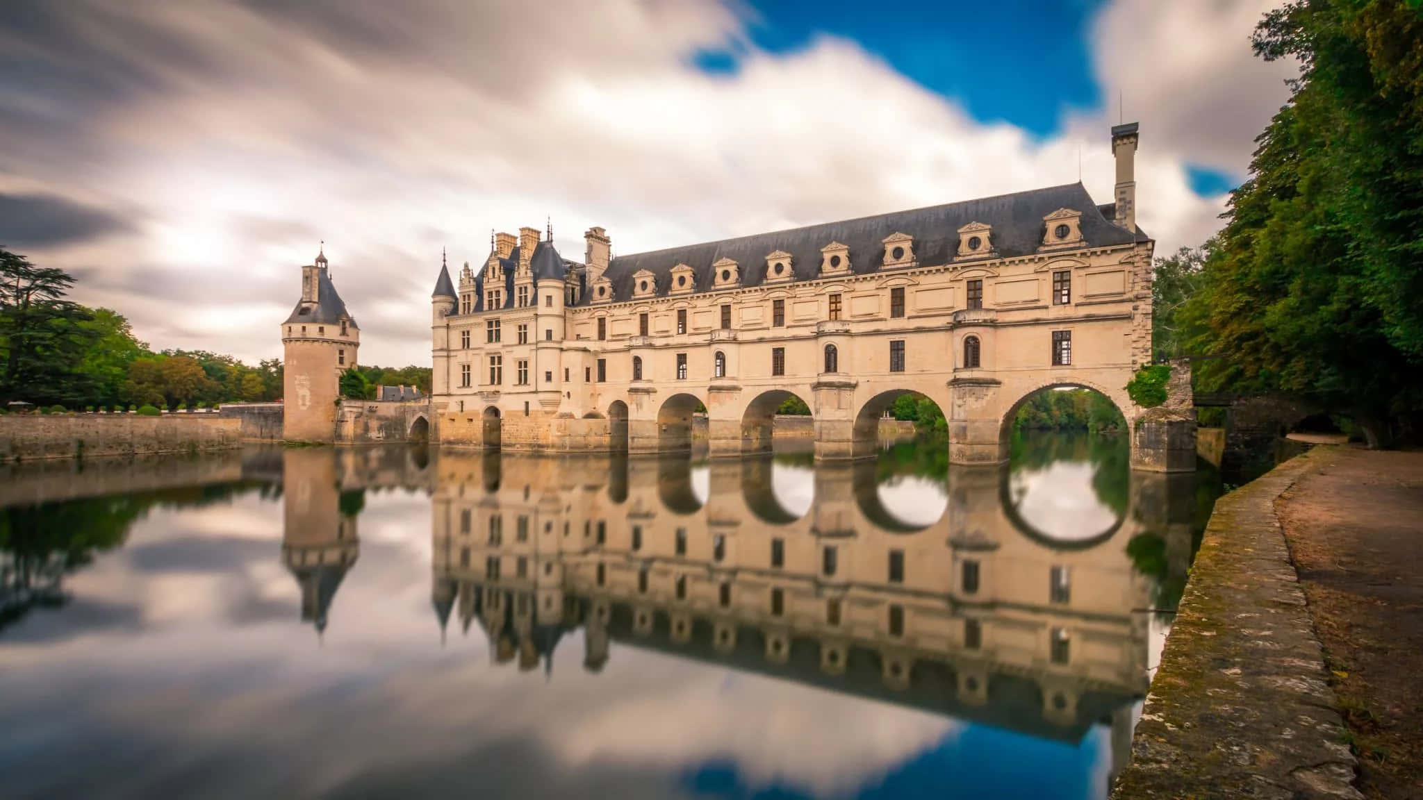 Chenonceau, reflective river, dusk, Full HD Desktop Wallpaper