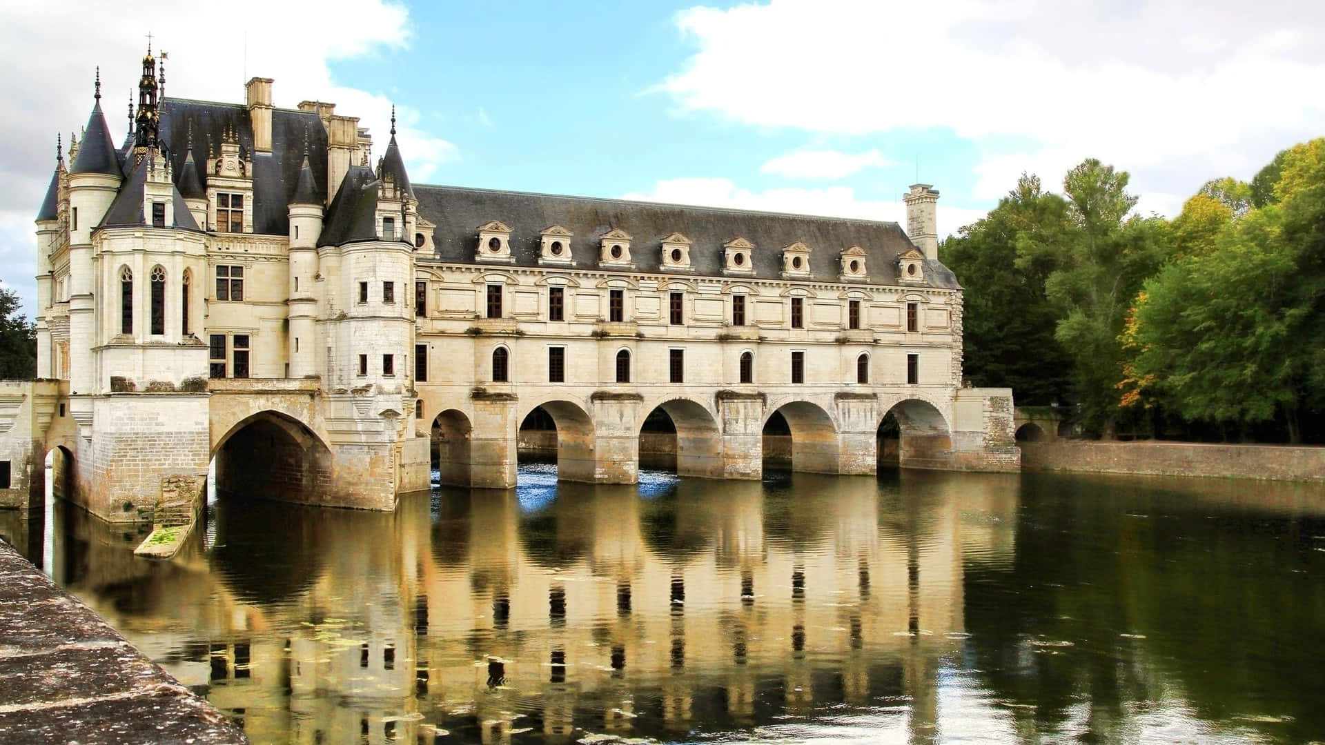 Chenonceau, hazy river, arched bridges, Full HD Desktop Wallpaper