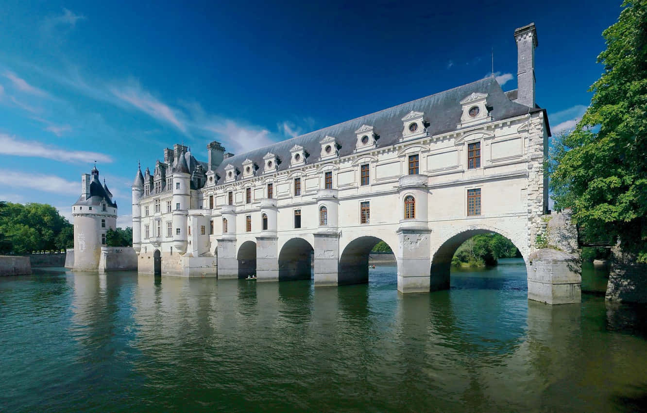 Chenonceau, rippled river, arched stone bridges, HD Desktop Wallpaper