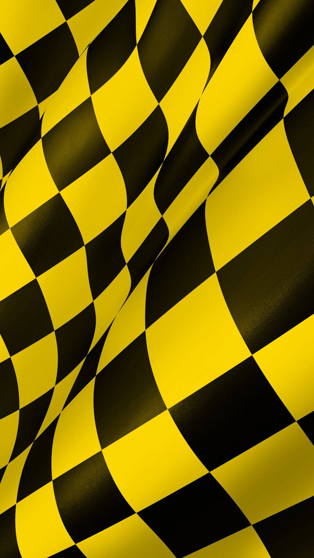 black and yellow checkered flag, wavy yellow and black checkered pattern, glossy folds, Full HD Phone Wallpaper