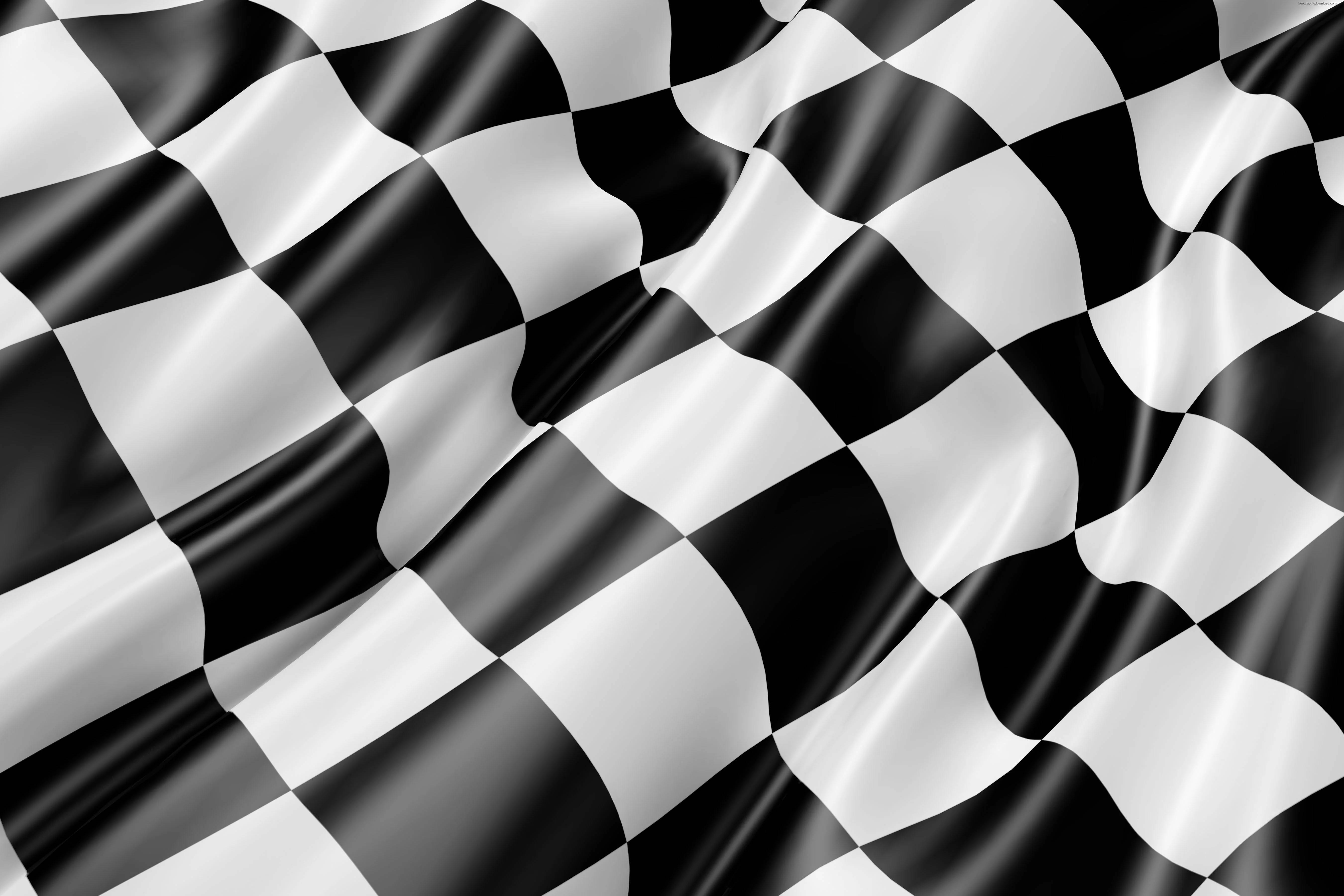 wavy checkered flag, black and white, glossy fabric texture, 5K Desktop Wallpaper