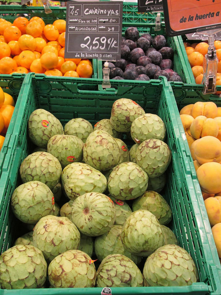 Spanish cherimoya fruit crate, grocery, green crates, SD Phone Wallpaper