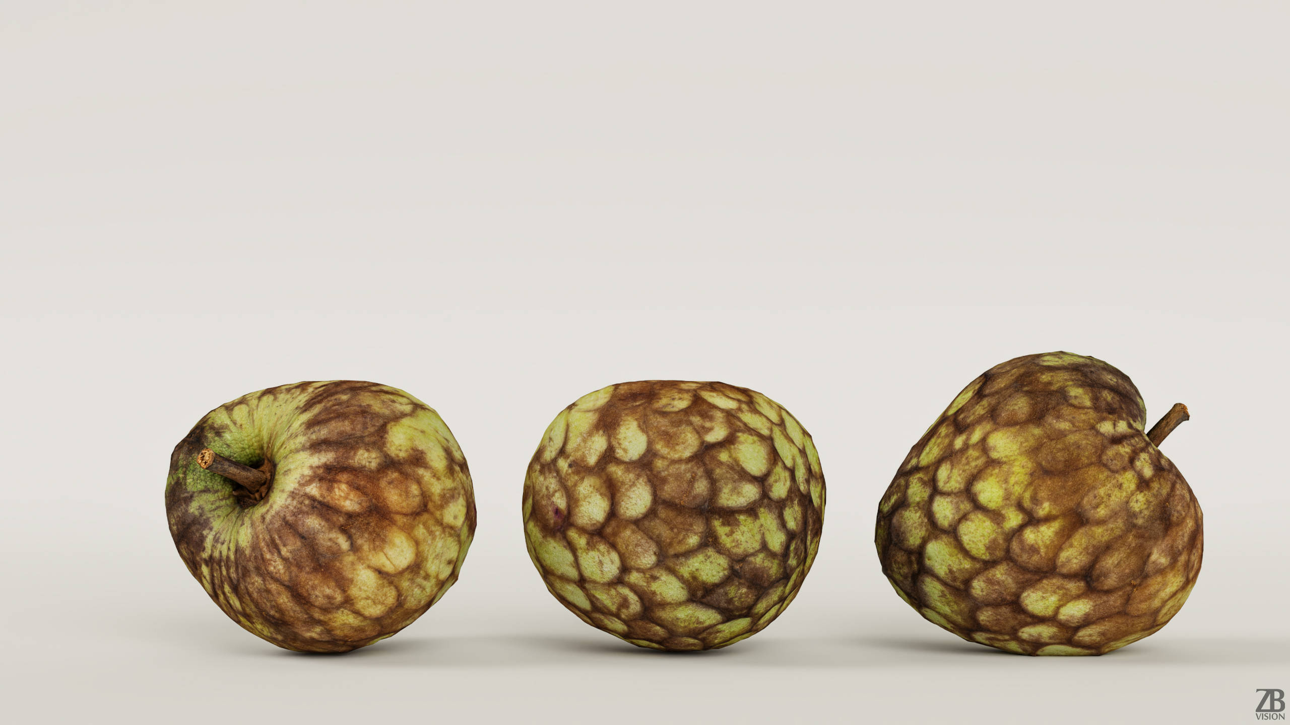 Cherimoya, textured green and brown skin, plain white background, 2K Desktop Wallpaper