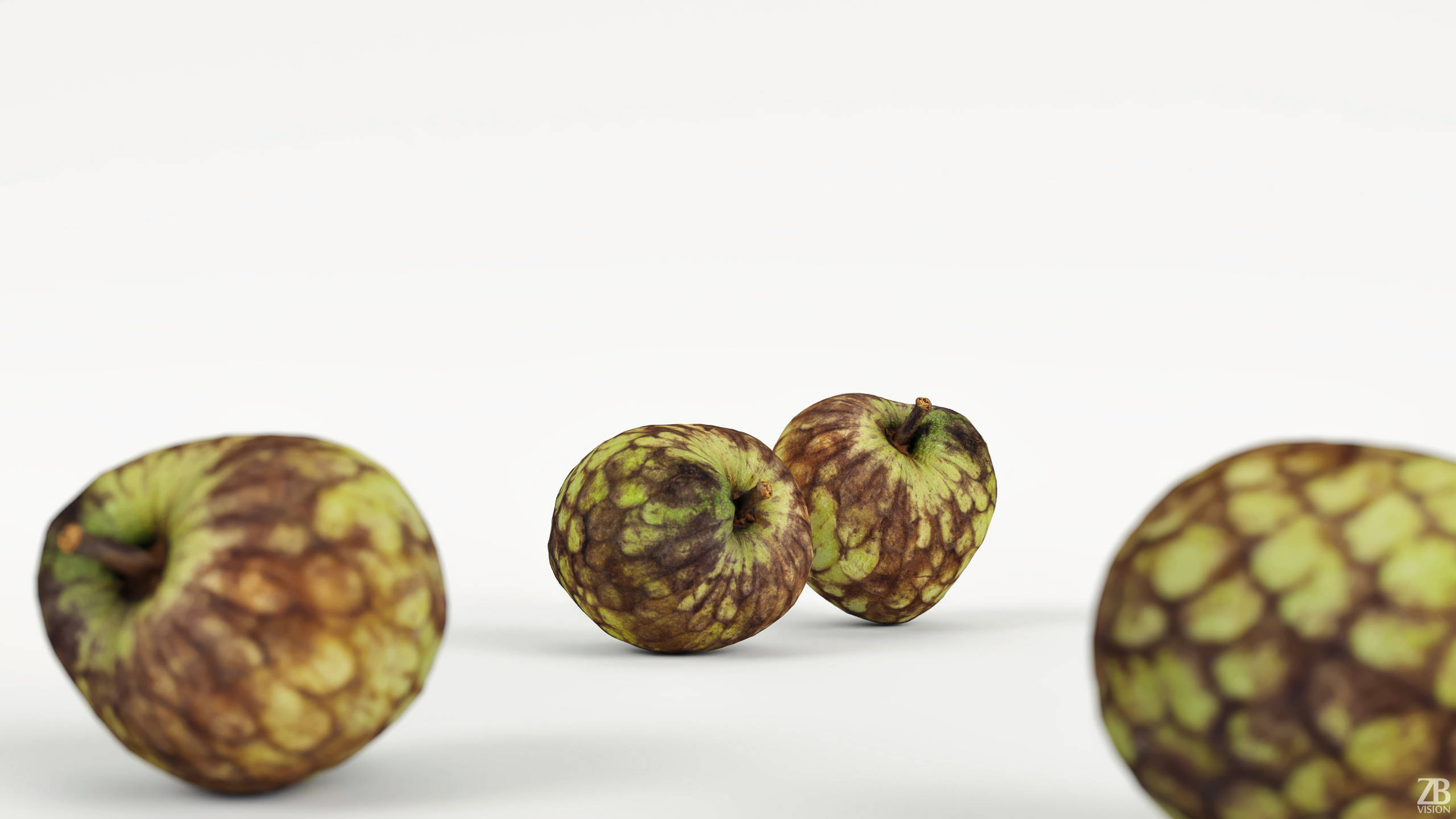 cherimoya, textured green and brown skin, clean white surface, 2K Desktop Wallpaper