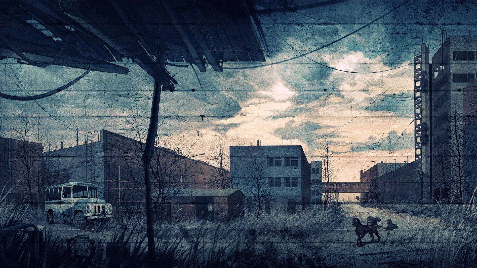 Chernobyl, desolate nuclear facility, overgrown grass, Full HD Desktop Wallpaper